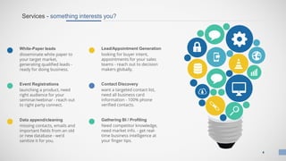 White-Paper leads
disseminate white paper to
your target market,
generating qualified leads -
ready for doing business.
Event Registrations
launching a product, need
right audience for your
seminar/webinar - reach out
to right party connect.
Data append/cleaning
missing contacts, emails and
important fields from an old
or new database - we’d
sanitize it for you.
Lead/Appointment Generation
looking for buyer intent,
appointments for your sales
teams - reach out to decision
makers globally.
Contact Discovery
want a targeted contact list,
need all business card
information - 100% phone
verified contacts.
Gathering BI / Profiling
Need competitor knowledge,
need market info. - get real-
time business intelligence at
your finger tips.
Services - something interests you?
4
 