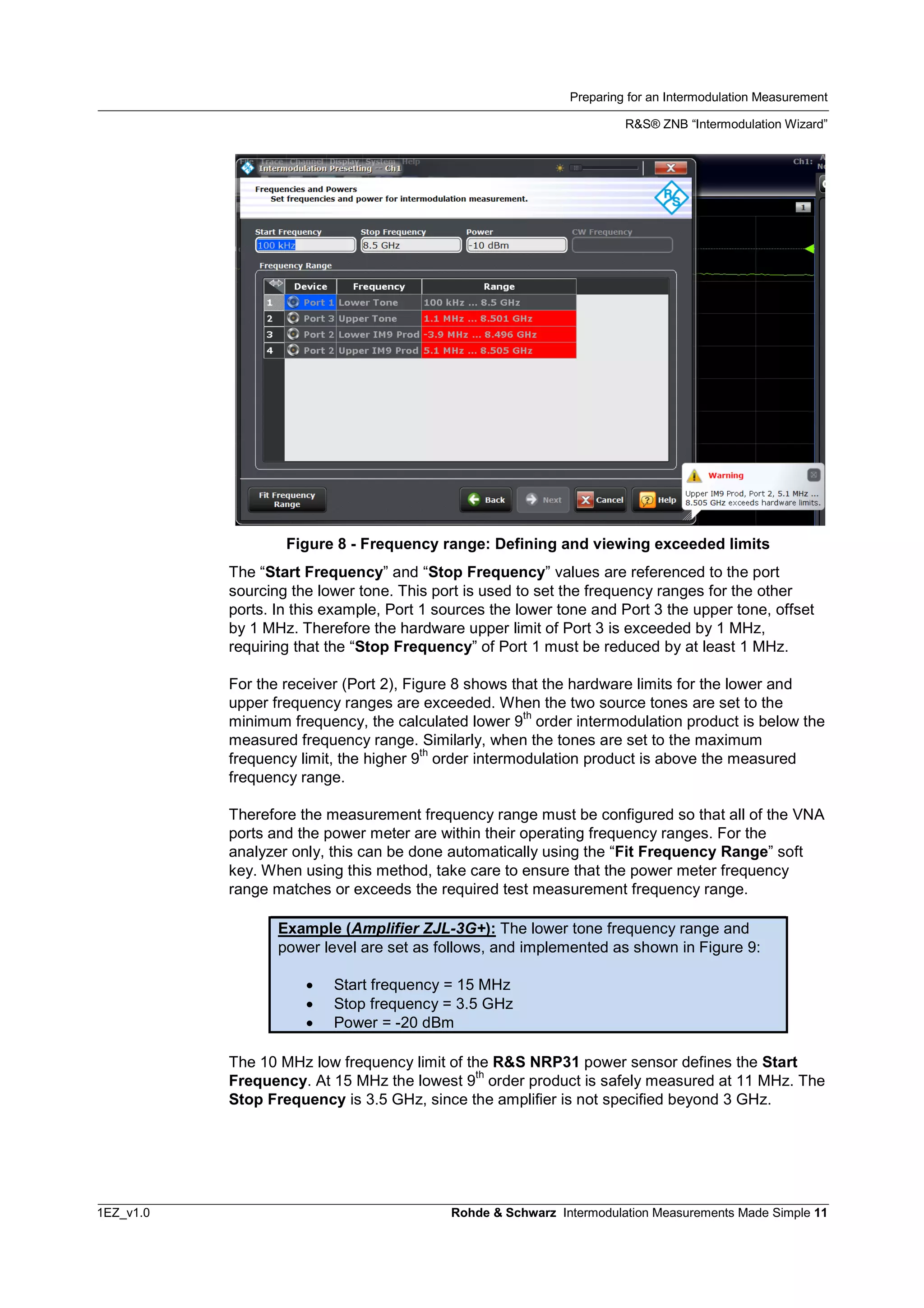 Preparing for an Intermodulation Measurement
R&S® ZNB “Intermodulation Wizard”
1EZ_v1.0 Rohde & Schwarz Intermodulation Measurements Made Simple 11
Figure 8 - Frequency range: Defining and viewing exceeded limits
The “Start Frequency” and “Stop Frequency” values are referenced to the port
sourcing the lower tone. This port is used to set the frequency ranges for the other
ports. In this example, Port 1 sources the lower tone and Port 3 the upper tone, offset
by 1 MHz. Therefore the hardware upper limit of Port 3 is exceeded by 1 MHz,
requiring that the “Stop Frequency” of Port 1 must be reduced by at least 1 MHz.
For the receiver (Port 2), Figure 8 shows that the hardware limits for the lower and
upper frequency ranges are exceeded. When the two source tones are set to the
minimum frequency, the calculated lower 9
th
order intermodulation product is below the
measured frequency range. Similarly, when the tones are set to the maximum
frequency limit, the higher 9
th
order intermodulation product is above the measured
frequency range.
Therefore the measurement frequency range must be configured so that all of the VNA
ports and the power meter are within their operating frequency ranges. For the
analyzer only, this can be done automatically using the “Fit Frequency Range” soft
key. When using this method, take care to ensure that the power meter frequency
range matches or exceeds the required test measurement frequency range.
Example (Amplifier ZJL-3G+): The lower tone frequency range and
power level are set as follows, and implemented as shown in Figure 9:
 Start frequency = 15 MHz
 Stop frequency = 3.5 GHz
 Power = -20 dBm
The 10 MHz low frequency limit of the R&S NRP31 power sensor defines the Start
Frequency. At 15 MHz the lowest 9
th
order product is safely measured at 11 MHz. The
Stop Frequency is 3.5 GHz, since the amplifier is not specified beyond 3 GHz.
 