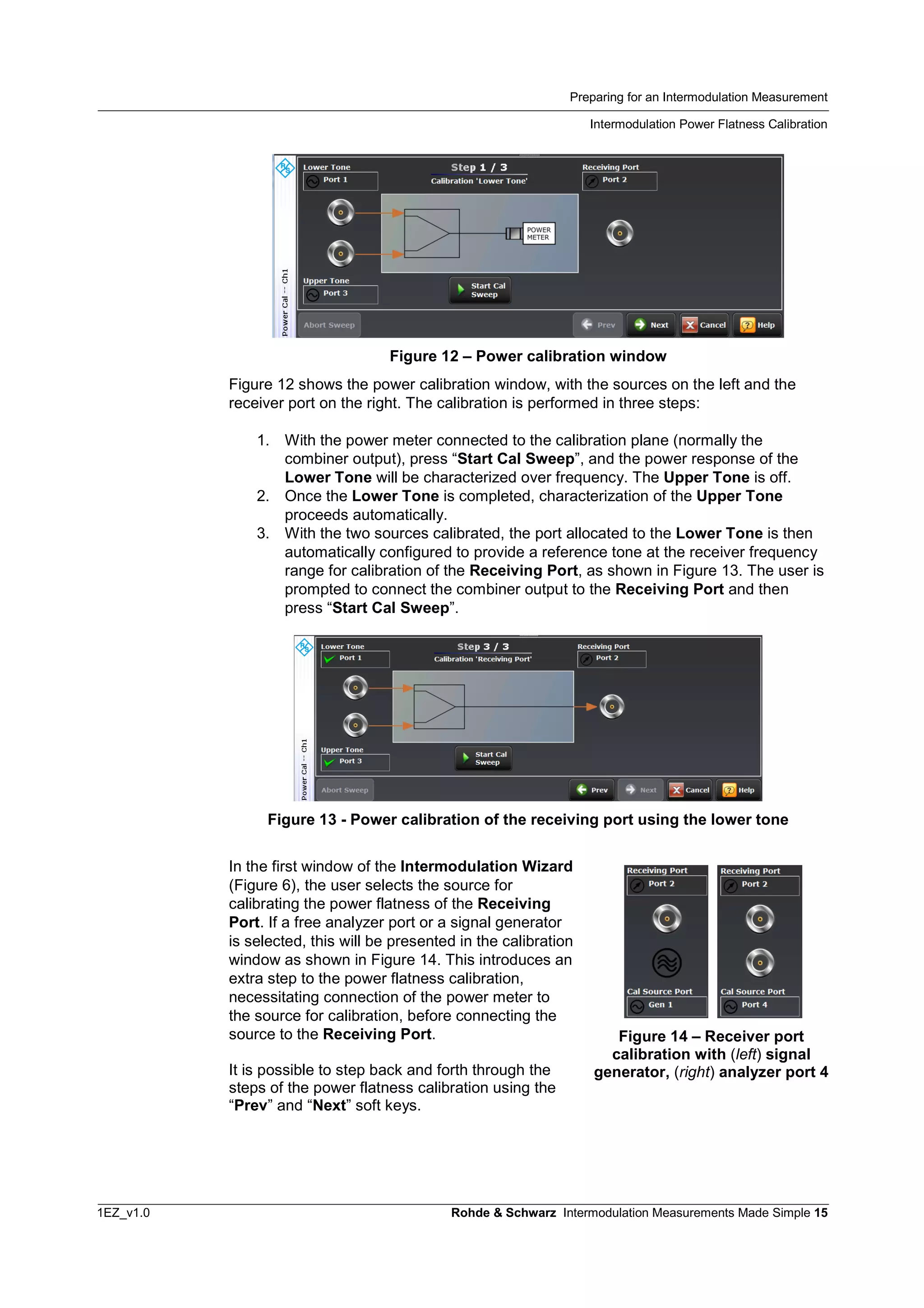 Preparing for an Intermodulation Measurement
Intermodulation Power Flatness Calibration
1EZ_v1.0 Rohde & Schwarz Intermodulation Measurements Made Simple 15
Figure 12 – Power calibration window
Figure 12 shows the power calibration window, with the sources on the left and the
receiver port on the right. The calibration is performed in three steps:
1. With the power meter connected to the calibration plane (normally the
combiner output), press “Start Cal Sweep”, and the power response of the
Lower Tone will be characterized over frequency. The Upper Tone is off.
2. Once the Lower Tone is completed, characterization of the Upper Tone
proceeds automatically.
3. With the two sources calibrated, the port allocated to the Lower Tone is then
automatically configured to provide a reference tone at the receiver frequency
range for calibration of the Receiving Port, as shown in Figure 13. The user is
prompted to connect the combiner output to the Receiving Port and then
press “Start Cal Sweep”.
Figure 13 - Power calibration of the receiving port using the lower tone
In the first window of the Intermodulation Wizard
(Figure 6), the user selects the source for
calibrating the power flatness of the Receiving
Port. If a free analyzer port or a signal generator
is selected, this will be presented in the calibration
window as shown in Figure 14. This introduces an
extra step to the power flatness calibration,
necessitating connection of the power meter to
the source for calibration, before connecting the
source to the Receiving Port.
It is possible to step back and forth through the
steps of the power flatness calibration using the
“Prev” and “Next” soft keys.
Figure 14 – Receiver port
calibration with (left) signal
generator, (right) analyzer port 4
 