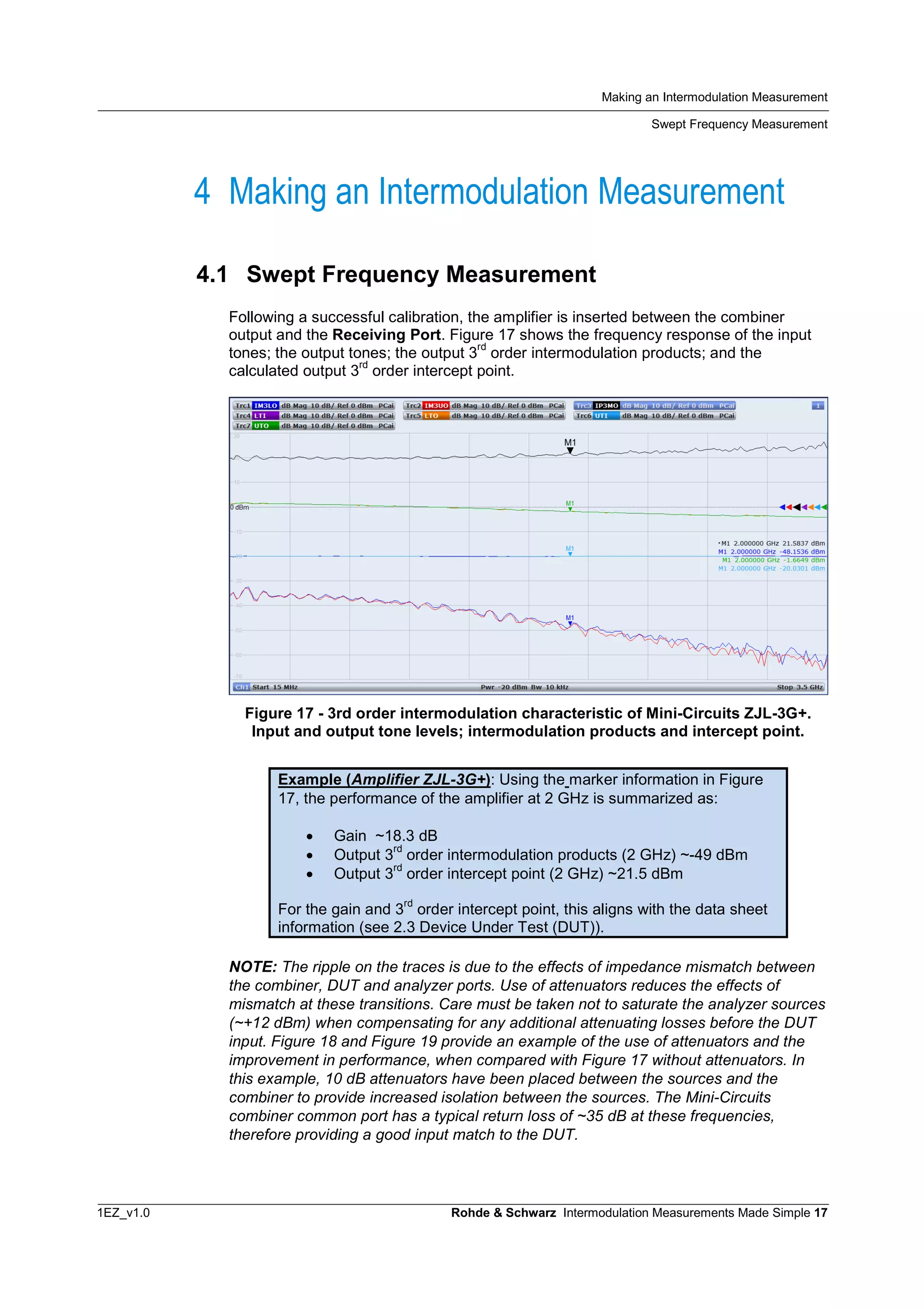 Making an Intermodulation Measurement
Swept Frequency Measurement
1EZ_v1.0 Rohde & Schwarz Intermodulation Measurements Made Simple 17
4 Making an Intermodulation Measurement
4.1 Swept Frequency Measurement
Following a successful calibration, the amplifier is inserted between the combiner
output and the Receiving Port. Figure 17 shows the frequency response of the input
tones; the output tones; the output 3
rd
order intermodulation products; and the
calculated output 3
rd
order intercept point.
Figure 17 - 3rd order intermodulation characteristic of Mini-Circuits ZJL-3G+.
Input and output tone levels; intermodulation products and intercept point.
Example (Amplifier ZJL-3G+): Using the marker information in Figure
17, the performance of the amplifier at 2 GHz is summarized as:
 Gain ~18.3 dB
 Output 3
rd
order intermodulation products (2 GHz) ~-49 dBm
 Output 3
rd
order intercept point (2 GHz) ~21.5 dBm
For the gain and 3
rd
order intercept point, this aligns with the data sheet
information (see 2.3 Device Under Test (DUT)).
NOTE: The ripple on the traces is due to the effects of impedance mismatch between
the combiner, DUT and analyzer ports. Use of attenuators reduces the effects of
mismatch at these transitions. Care must be taken not to saturate the analyzer sources
(~+12 dBm) when compensating for any additional attenuating losses before the DUT
input. Figure 18 and Figure 19 provide an example of the use of attenuators and the
improvement in performance, when compared with Figure 17 without attenuators. In
this example, 10 dB attenuators have been placed between the sources and the
combiner to provide increased isolation between the sources. The Mini-Circuits
combiner common port has a typical return loss of ~35 dB at these frequencies,
therefore providing a good input match to the DUT.
 