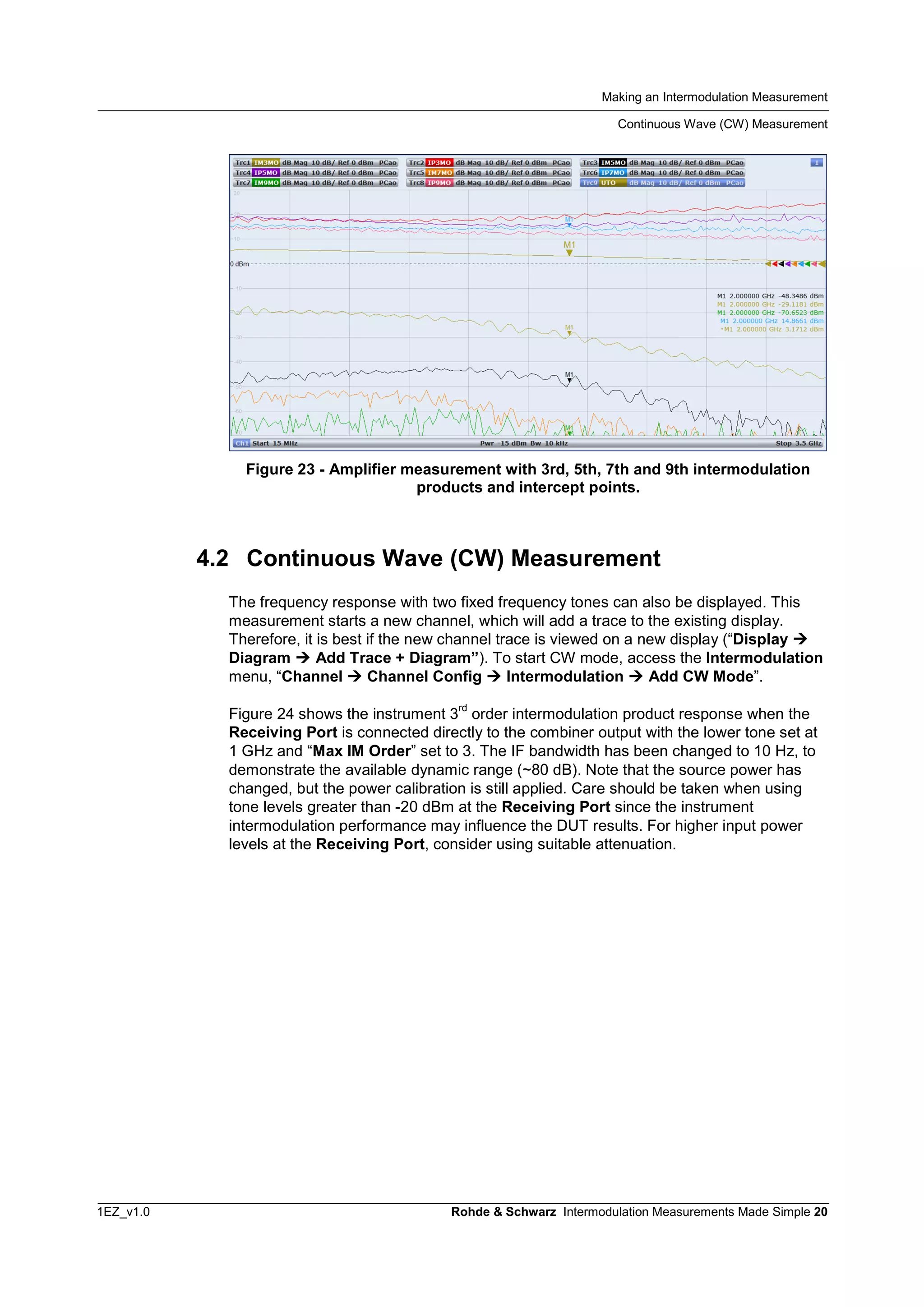 Making an Intermodulation Measurement
Continuous Wave (CW) Measurement
1EZ_v1.0 Rohde & Schwarz Intermodulation Measurements Made Simple 20
Figure 23 - Amplifier measurement with 3rd, 5th, 7th and 9th intermodulation
products and intercept points.
4.2 Continuous Wave (CW) Measurement
The frequency response with two fixed frequency tones can also be displayed. This
measurement starts a new channel, which will add a trace to the existing display.
Therefore, it is best if the new channel trace is viewed on a new display (“Display 
Diagram  Add Trace + Diagram”). To start CW mode, access the Intermodulation
menu, “Channel  Channel Config  Intermodulation  Add CW Mode”.
Figure 24 shows the instrument 3
rd
order intermodulation product response when the
Receiving Port is connected directly to the combiner output with the lower tone set at
1 GHz and “Max IM Order” set to 3. The IF bandwidth has been changed to 10 Hz, to
demonstrate the available dynamic range (~80 dB). Note that the source power has
changed, but the power calibration is still applied. Care should be taken when using
tone levels greater than -20 dBm at the Receiving Port since the instrument
intermodulation performance may influence the DUT results. For higher input power
levels at the Receiving Port, consider using suitable attenuation.
 