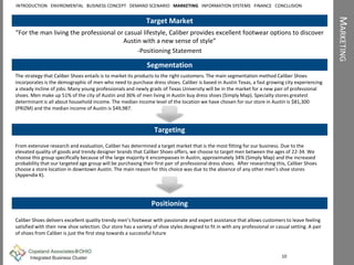 MARKETING
Target Market
“For the man living the professional or casual lifestyle, Caliber provides excellent footwear options to discover
Austin with a new sense of style”
-Positioning Statement
Segmentation
The strategy that Caliber Shoes entails is to market its products to the right customers. The main segmentation method Caliber Shoes
incorporates is the demographic of men who need to purchase dress shoes. Caliber is based in Austin Texas, a fast growing city experiencing
a steady incline of jobs. Many young professionals and newly grads of Texas University will be in the market for a new pair of professional
shoes. Men make up 51% of the city of Austin and 36% of men living in Austin buy dress shoes (Simply Map). Specialty stores greatest
determinant is all about household income. The median income level of the location we have chosen for our store in Austin is $81,300
(PRIZM) and the median income of Austin is $49,987.
Positioning
Caliber Shoes delivers excellent quality trendy men’s footwear with passionate and expert assistance that allows customers to leave feeling
satisfied with their new shoe selection. Our store has a variety of shoe styles designed to fit in with any professional or casual setting. A pair
of shoes from Caliber is just the first step towards a successful future
Targeting
From extensive research and evaluation, Caliber has determined a target market that is the most fitting for our business. Due to the
elevated quality of goods and trendy designer brands that Caliber Shoes offers, we choose to target men between the ages of 22-34. We
choose this group specifically because of the large majority it encompasses in Austin, approximately 34% (Simply Map) and the increased
probability that our targeted age group will be purchasing their first pair of professional dress shoes. After researching this, Caliber Shoes
choose a store location in downtown Austin. The main reason for this choice was due to the absence of any other men’s shoe stores
(Appendix K).
10
INTRODUCTION ENVIROMENTAL BUSINESS CONCEPT DEMAND SCENARIO MARKETING INFORMATION SYSTEMS FINANCE CONCLUSION
 