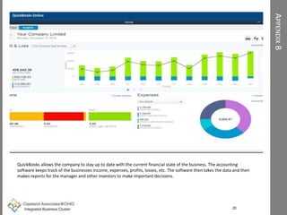 APPENDIXB
QuickBooks Online
20
QuickBooks allows the company to stay up to date with the current financial state of the business. The accounting
software keeps track of the businesses income, expenses, profits, losses, etc. The software then takes the data and then
makes reports for the manager and other investors to make important decisions.
 