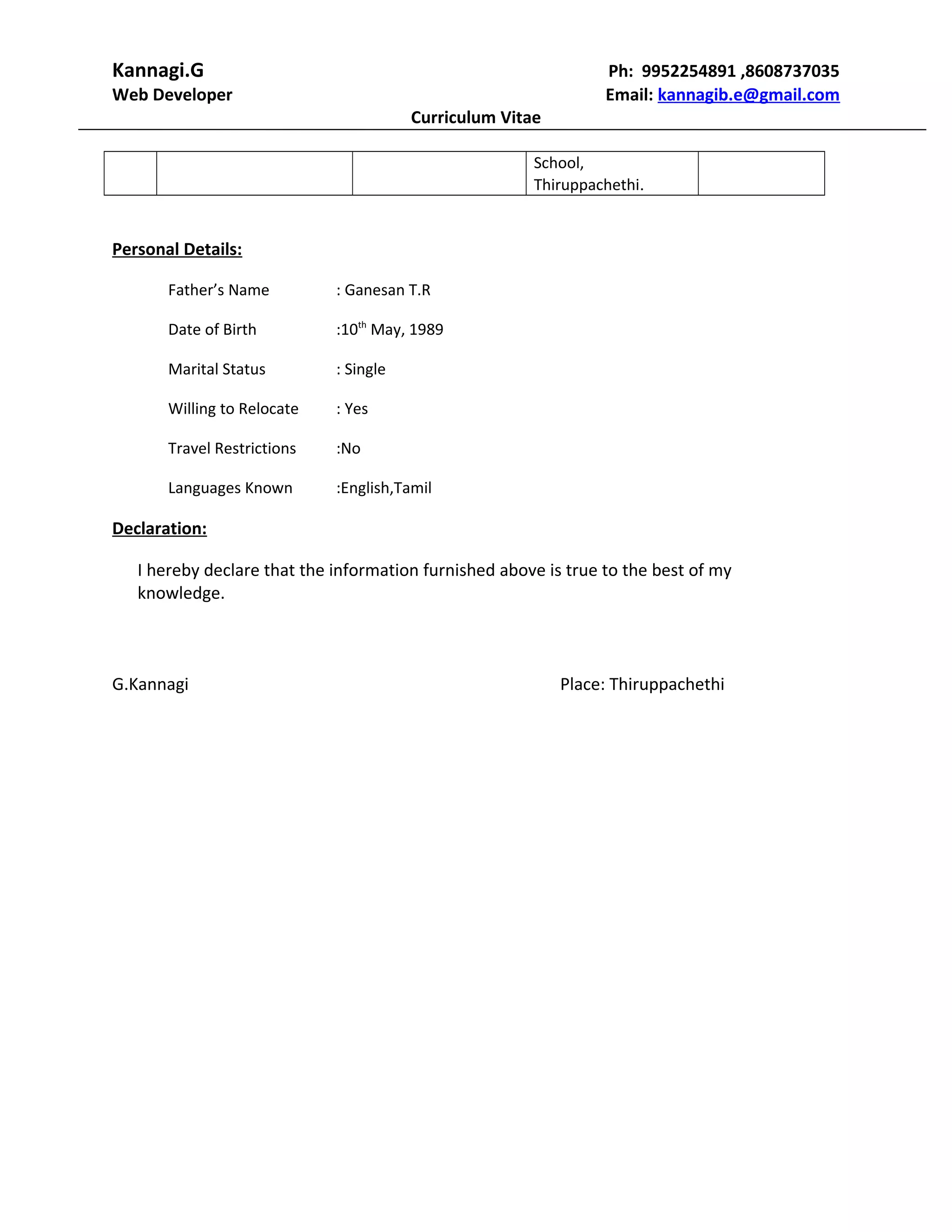 Kannagi Resume | PDF