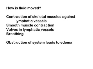 How is fluid moved?
Contraction of skeletal muscles against
lymphatic vessels
Smooth muscle contraction
Valves in lymphatic vessels
Breathing
Obstruction of system leads to edema
 