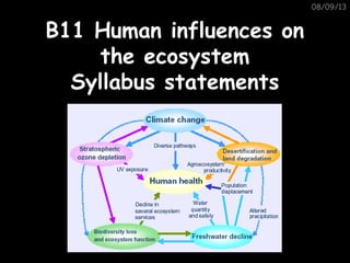 08/09/13
B11 Human influences onB11 Human influences on
the ecosystemthe ecosystem
Syllabus statementsSyllabus statements
 