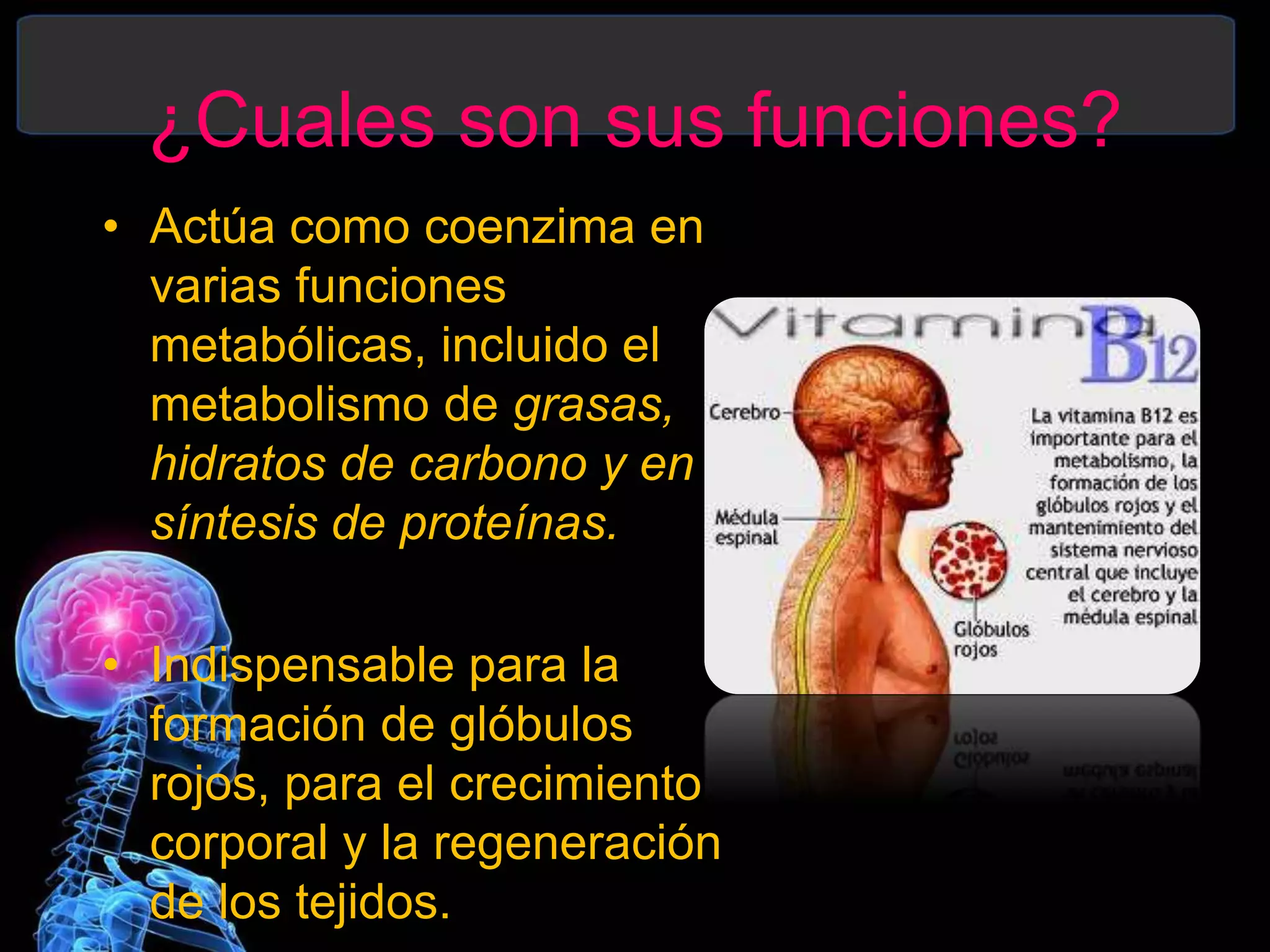 ¿Cuales son sus funciones?
• Actúa como coenzima en
varias funciones
metabólicas, incluido el
metabolismo de grasas,
hidratos de carbono y en
síntesis de proteínas.
• Indispensable para la
formación de glóbulos
rojos, para el crecimiento
corporal y la regeneración
de los tejidos.
 