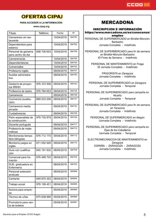 PARA ACCEDER A LA INFORMACIÓN:
www.cipaj.org
OFERTAS CIPAJ
5
MERCADONA
INSCRIPCION E INFORMACIÓN
https://www.mercadona.es/es/conocenos/
empleo
PERSONAL DE SUPERMERCADO en Binéfar-Monzón-
Barbastro
Jornada Completa - Indenido
PERSONAL DE SUPERMERCADO para n de semana
en Binéfar-Monzón-Barbastro
ID Fines de Semana - Indenido
PERSONAL DE MANTENIMIENTO en Fraga
ID Jornada Completa - Indenido
FRIGORISTA en Zaragoza
Jornada Completa - Indenido
PERSONAL DE SUPERMERCADO en Zaragoza
Jornada Completa - Temporal
PERSONAL DE SUPERMERCADO para campaña en
Alcañiz
Jornada Completa - Temporal
PERSONAL DE SUPERMERCADO para n de semana
en Tarazona
Jornada Completa - Indenido
PERSONAL DE SUPERMERCADO en Alagón
IJornada Completa - Indenido
PERSONAL DE SUPERMERCADO para campaña en
Ejea de los Caballeros
IJornada Completa - Temporal
ELECTROMECÁNICO/A DE MANTENIMIENTO en
Zaragoza
ESPAÑA - ZARAGOZA - ZARAGOZA
Jornada Completa - Indenido
Título Teléfono Fecha Nº
Camarera/o en res-
taurante
10/04/2019 384763
Dependiente/a para
estanco
10/04/2019 384762
Personal de geriatría
para centro de dia
608 736 653 10/04/2019 384759
Camareros/as 10/04/2019 384755
Dependientes/as 10/04/2019 384754
Comerciales 10/04/2019 384753
Profesor/a inglés 09/04/2019 384751
Auxiliar administra-
tivo
09/04/2019 384750
Gestor/a de proyec-
tos RRHH
976 372 506 09/04/2019 384743
Profesor/a de teatro 976 784 653 09/04/2019 384739
Camarero/a 09/04/2019 384738
Cocinero/a (sustitu-
ción)
669 033 256 09/04/2019 384737
Camarero/a media
jornada
09/04/2019 384732
Cuidadores/as 09/04/2019 384728
Peón especialista de
la construcción
976 735 878 09/04/2019 384726
Docente portugués 09/04/2019 384717
Profesor/a de mate-
máticas
09/04/2019 384715
Monitores/as tiempo
libre bilingües
876 712 170 09/04/2019 384712
Monitor/a juegos en
inglés
671 052 926 09/04/2019 384710
Guía con cualica-
ción
645 181 632 08/04/2019 384709
Comercial para for-
mación
976 499 703 08/04/2019 384704
DUE, graduado/a en
Enfermería
08/04/2019 384702
Personal extensión
sindicato
08/04/2019 384699
Cantante 649 870 352 08/04/2019 384694
Trabajo social 976 106 451 08/04/2019 384689
Socio/a para empre-
sa
05/04/2019 384669
Técnico de uñas 675 838 999 05/04/2019 384668
Promotor/a para ven-
ta de boletos
05/04/2019 384667
Servicios para el Empleo CCOO Aragón
 