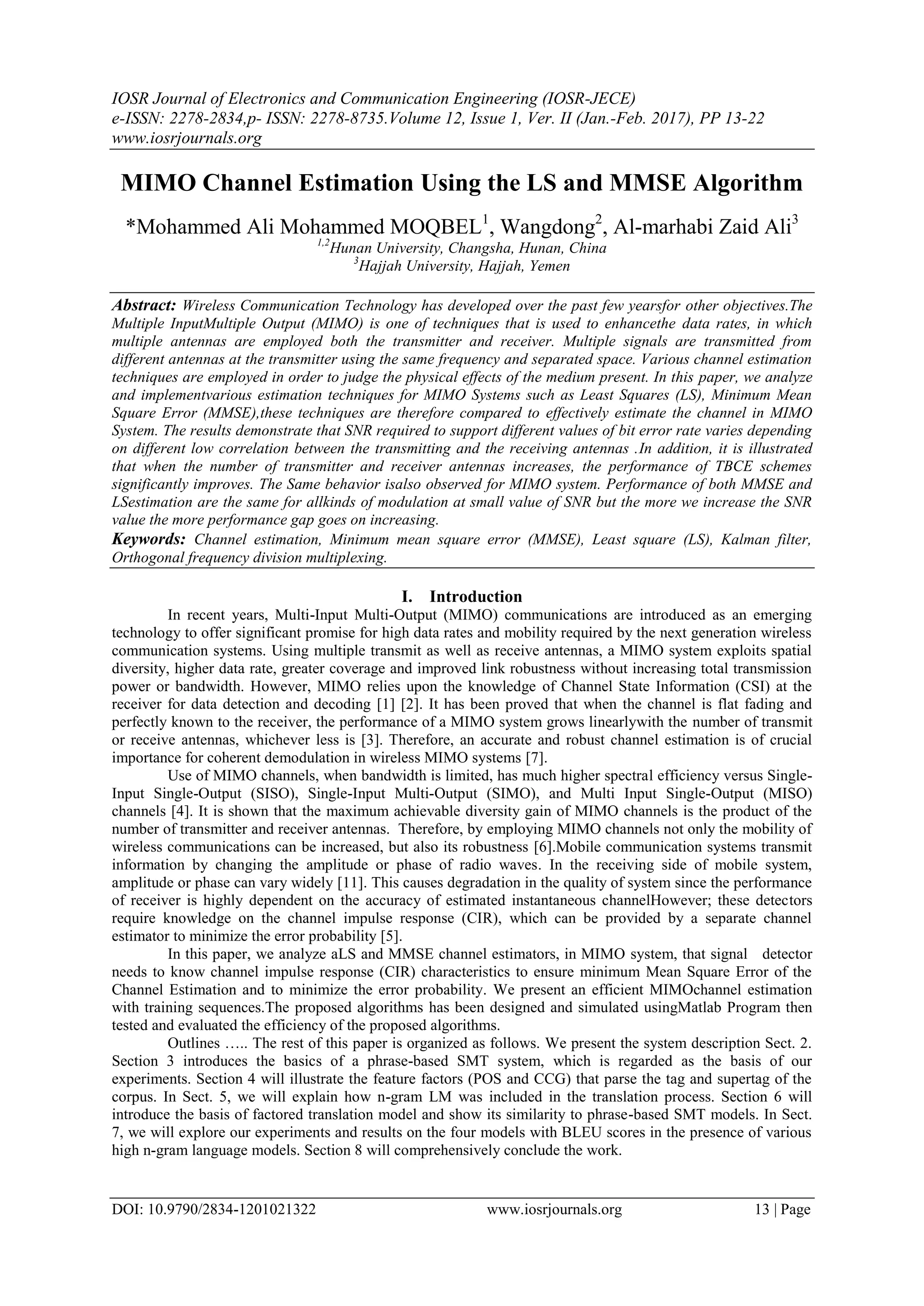 MIMO Channel Estimation Using the LS and MMSE Algorithm | PDF ...