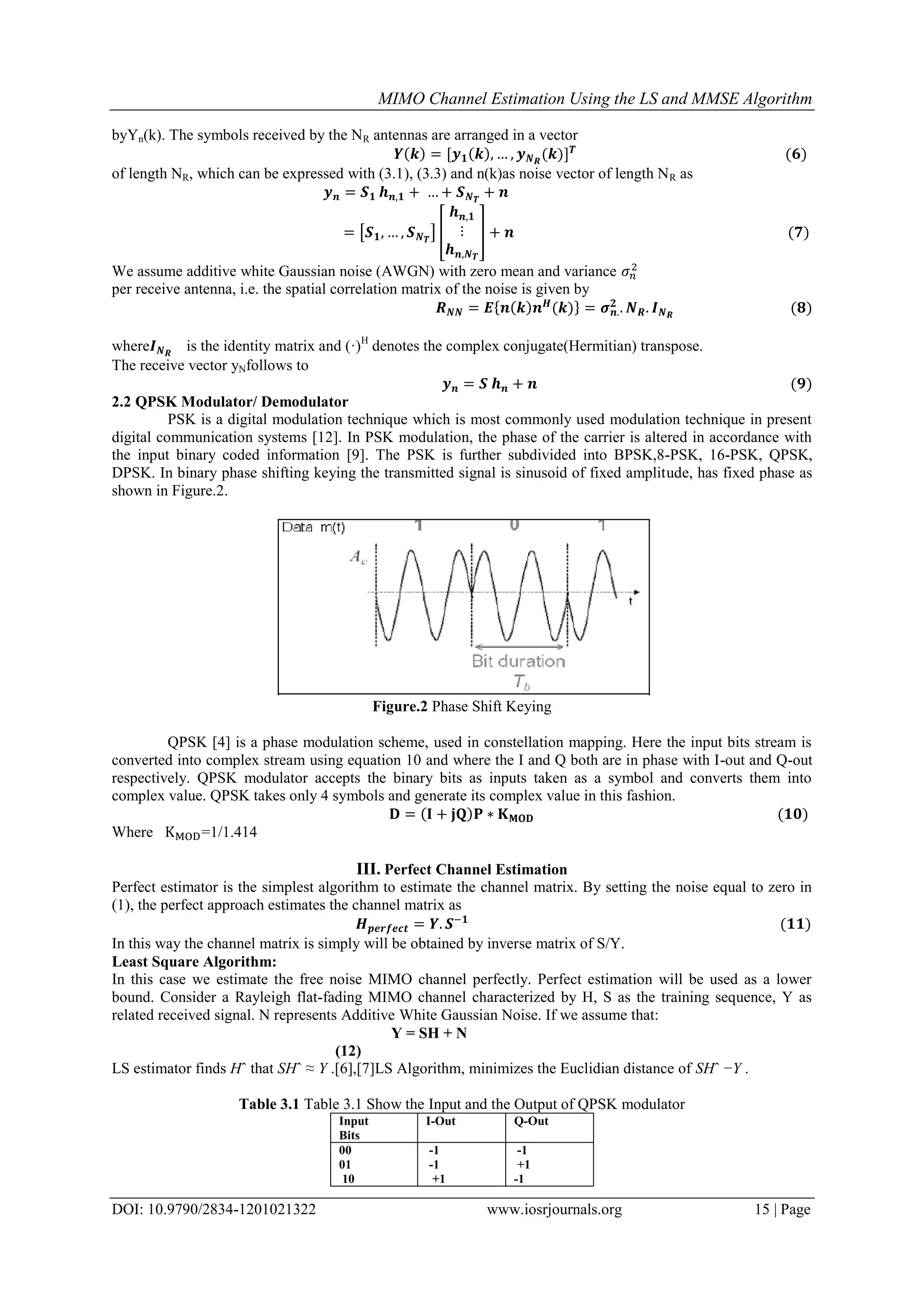 MIMO Channel Estimation Using the LS and MMSE Algorithm DOI: 10.9790/2834-1201021322 www.iosrjournals.org 15 | Page byYn(k). The symbols received by the NR antennas are arranged in a vector of length NR, which can be expressed with (3.1), (3.3) and n(k)as noise vector of length NR as We assume additive white Gaussian noise (AWGN) with zero mean and variance per receive antenna, i.e. the spatial correlation matrix of the noise is given by where is the identity matrix and (·)H denotes the complex conjugate(Hermitian) transpose. The receive vector yNfollows to 2.2 QPSK Modulator/ Demodulator PSK is a digital modulation technique which is most commonly used modulation technique in present digital communication systems [12]. In PSK modulation, the phase of the carrier is altered in accordance with the input binary coded information [9]. The PSK is further subdivided into BPSK,8-PSK, 16-PSK, QPSK, DPSK. In binary phase shifting keying the transmitted signal is sinusoid of fixed amplitude, has fixed phase as shown in Figure.2. Figure.2 Phase Shift Keying QPSK [4] is a phase modulation scheme, used in constellation mapping. Here the input bits stream is converted into complex stream using equation 10 and where the I and Q both are in phase with I-out and Q-out respectively. QPSK modulator accepts the binary bits as inputs taken as a symbol and converts them into complex value. QPSK takes only 4 symbols and generate its complex value in this fashion. Where =1/1.414 III. Perfect Channel Estimation Perfect estimator is the simplest algorithm to estimate the channel matrix. By setting the noise equal to zero in (1), the perfect approach estimates the channel matrix as In this way the channel matrix is simply will be obtained by inverse matrix of S/Y. Least Square Algorithm: In this case we estimate the free noise MIMO channel perfectly. Perfect estimation will be used as a lower bound. Consider a Rayleigh flat-fading MIMO channel characterized by H, S as the training sequence, Y as related received signal. N represents Additive White Gaussian Noise. If we assume that: Y = SH + N (12) LS estimator finds Hˆ that SHˆ ≈ Y .[6],[7]LS Algorithm, minimizes the Euclidian distance of SHˆ −Y . Table 3.1 Table 3.1 Show the Input and the Output of QPSK modulator Input Bits I-Out Q-Out 00 01 10 -1 -1 +1 -1 +1 -1 