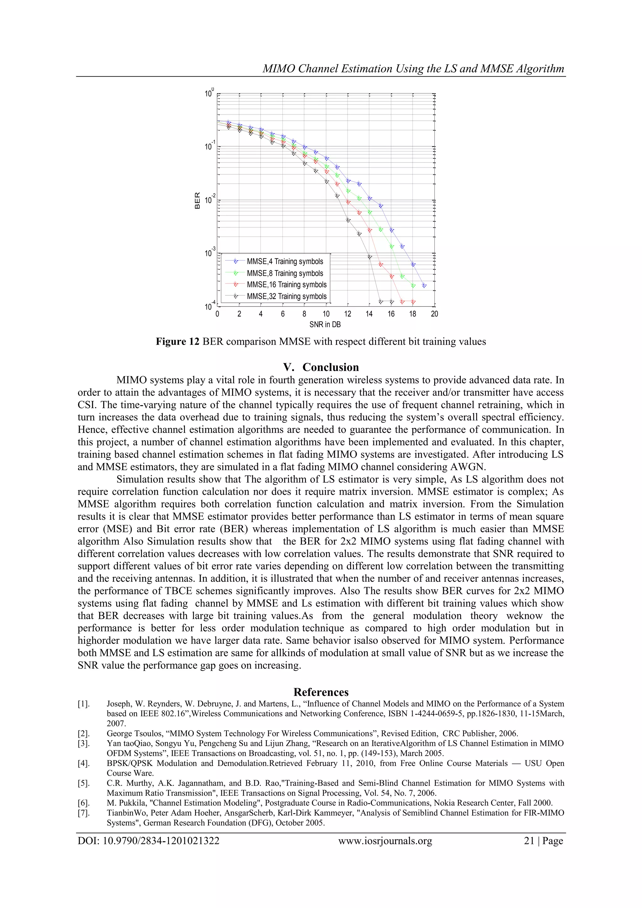MIMO Channel Estimation Using the LS and MMSE Algorithm DOI: 10.9790/2834-1201021322 www.iosrjournals.org 21 | Page Figure 12 BER comparison MMSE with respect different bit training values V. Conclusion MIMO systems play a vital role in fourth generation wireless systems to provide advanced data rate. In order to attain the advantages of MIMO systems, it is necessary that the receiver and/or transmitter have access CSI. The time-varying nature of the channel typically requires the use of frequent channel retraining, which in turn increases the data overhead due to training signals, thus reducing the system’s overall spectral efficiency. Hence, effective channel estimation algorithms are needed to guarantee the performance of communication. In this project, a number of channel estimation algorithms have been implemented and evaluated. In this chapter, training based channel estimation schemes in flat fading MIMO systems are investigated. After introducing LS and MMSE estimators, they are simulated in a flat fading MIMO channel considering AWGN. Simulation results show that The algorithm of LS estimator is very simple, As LS algorithm does not require correlation function calculation nor does it require matrix inversion. MMSE estimator is complex; As MMSE algorithm requires both correlation function calculation and matrix inversion. From the Simulation results it is clear that MMSE estimator provides better performance than LS estimator in terms of mean square error (MSE) and Bit error rate (BER) whereas implementation of LS algorithm is much easier than MMSE algorithm Also Simulation results show that the BER for 2x2 MIMO systems using flat fading channel with different correlation values decreases with low correlation values. The results demonstrate that SNR required to support different values of bit error rate varies depending on different low correlation between the transmitting and the receiving antennas. In addition, it is illustrated that when the number of and receiver antennas increases, the performance of TBCE schemes significantly improves. Also The results show BER curves for 2x2 MIMO systems using flat fading channel by MMSE and Ls estimation with different bit training values which show that BER decreases with large bit training values.As from the general modulation theory weknow the performance is better for less order modulation technique as compared to high order modulation but in highorder modulation we have larger data rate. Same behavior isalso observed for MIMO system. Performance both MMSE and LS estimation are same for allkinds of modulation at small value of SNR but as we increase the SNR value the performance gap goes on increasing. References [1]. Joseph, W. Reynders, W. Debruyne, J. and Martens, L., “Influence of Channel Models and MIMO on the Performance of a System based on IEEE 802.16”,Wireless Communications and Networking Conference, ISBN 1-4244-0659-5, pp.1826-1830, 11-15March, 2007. [2]. George Tsoulos, “MIMO System Technology For Wireless Communications”, Revised Edition, CRC Publisher, 2006. [3]. Yan taoQiao, Songyu Yu, Pengcheng Su and Lijun Zhang, “Research on an IterativeAlgorithm of LS Channel Estimation in MIMO OFDM Systems”, IEEE Transactions on Broadcasting, vol. 51, no. 1, pp. (149-153), March 2005. [4]. BPSK/QPSK Modulation and Demodulation.Retrieved February 11, 2010, from Free Online Course Materials — USU Open Course Ware. [5]. C.R. Murthy, A.K. Jagannatham, and B.D. Rao,"Training-Based and Semi-Blind Channel Estimation for MIMO Systems with Maximum Ratio Transmission", IEEE Transactions on Signal Processing, Vol. 54, No. 7, 2006. [6]. M. Pukkila, "Channel Estimation Modeling", Postgraduate Course in Radio-Communications, Nokia Research Center, Fall 2000. [7]. TianbinWo, Peter Adam Hoeher, AnsgarScherb, Karl-Dirk Kammeyer, "Analysis of Semiblind Channel Estimation for FIR-MIMO Systems", German Research Foundation (DFG), October 2005. 0 2 4 6 8 10 12 14 16 18 20 10 -4 10 -3 10 -2 10 -1 10 0 SNR in DB BER MMSE:BER vs SNR MMSE,4 Training symbols MMSE,8 Training symbols MMSE,16 Training symbols MMSE,32 Training symbols 