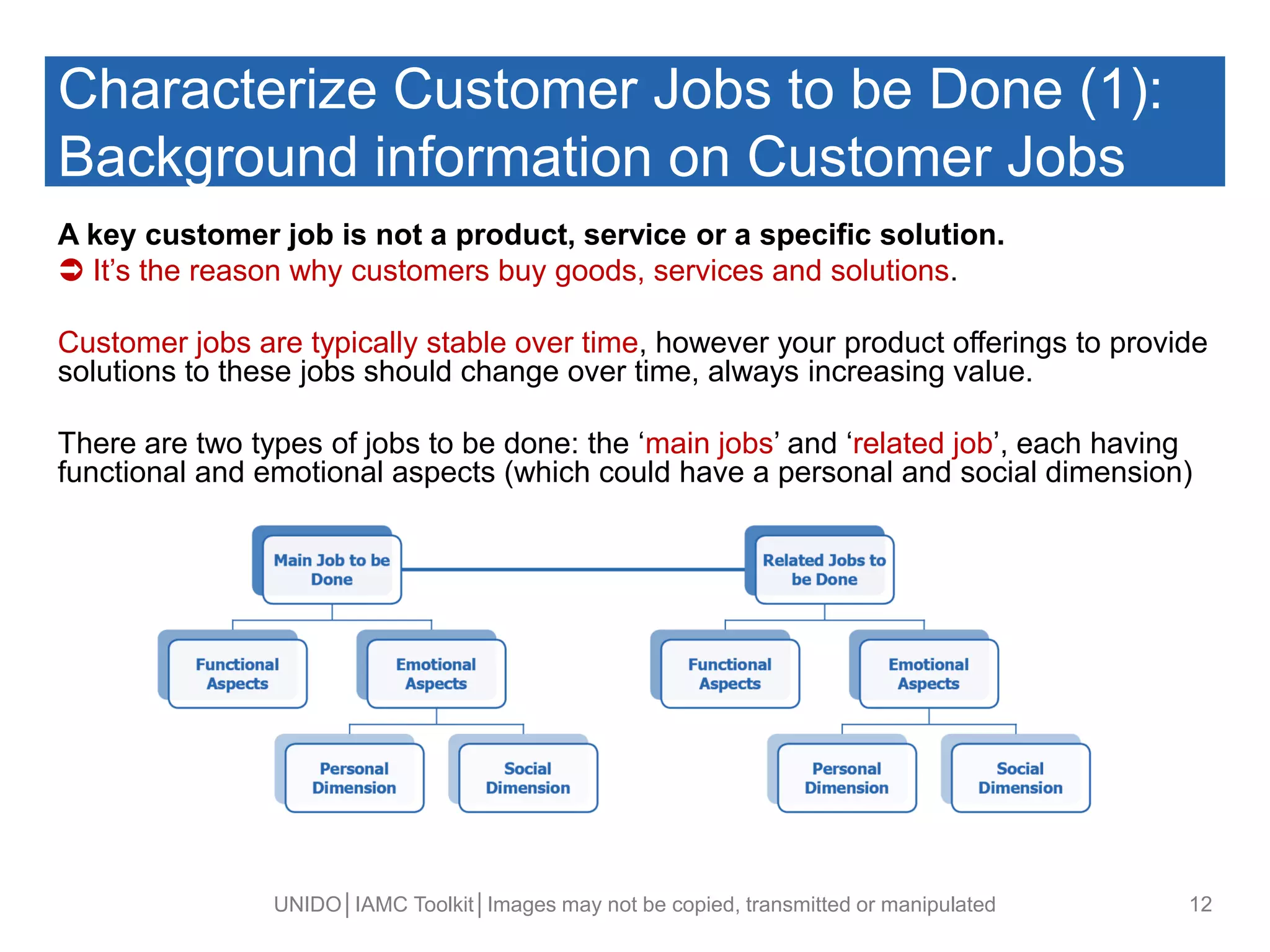 Characterize Customer Jobs to be Done (1):
Background information on Customer Jobs
A key customer job is not a product, service or a specific solution.
 It’s the reason why customers buy goods, services and solutions.
Customer jobs are typically stable over time, however your product offerings to provide
solutions to these jobs should change over time, always increasing value.
There are two types of jobs to be done: the ‘main jobs’ and ‘related job’, each having
functional and emotional aspects (which could have a personal and social dimension)
UNIDO│IAMC Toolkit│Images may not be copied, transmitted or manipulated 12
 