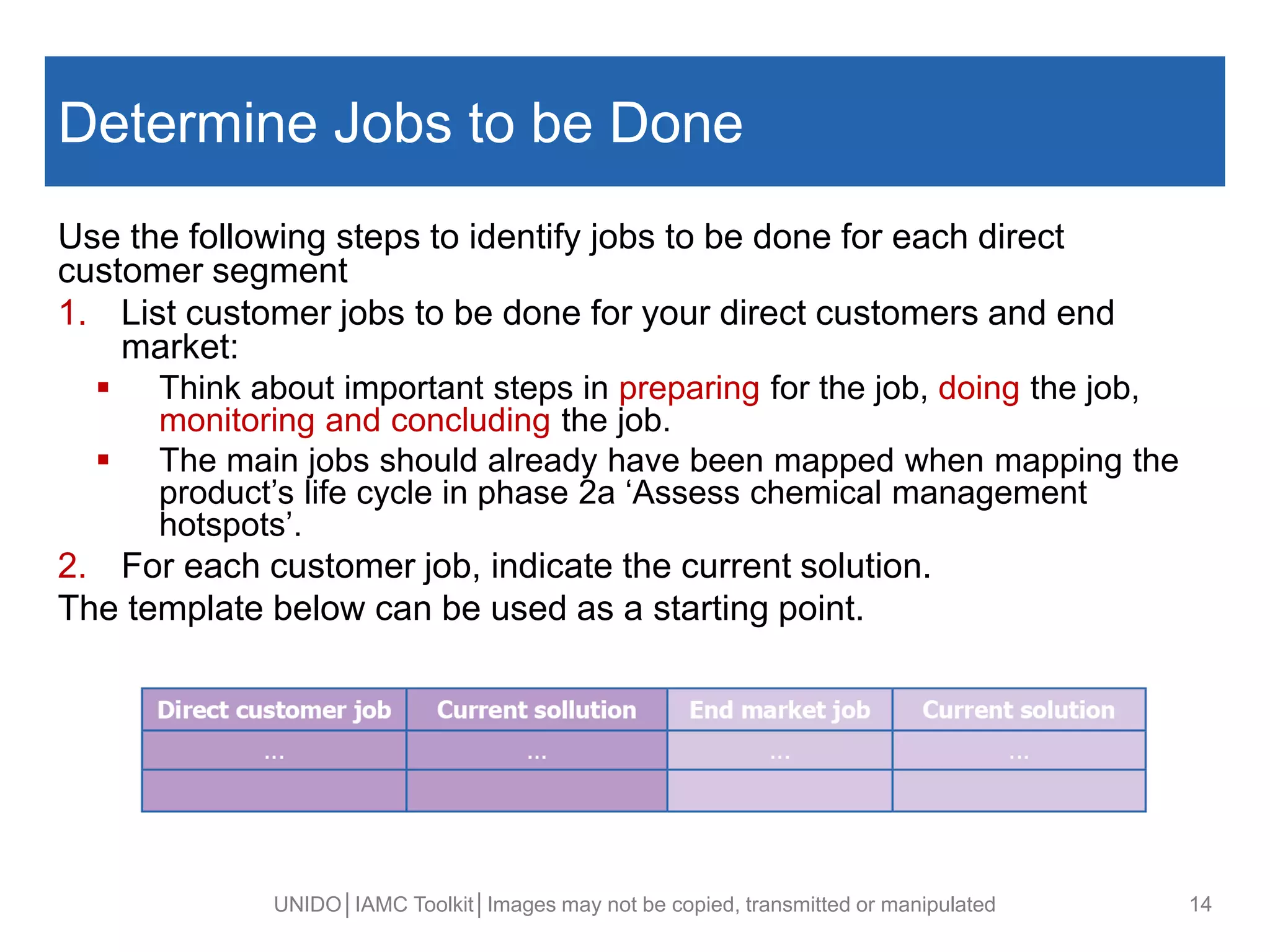 Determine Jobs to be Done
Use the following steps to identify jobs to be done for each direct
customer segment
1. List customer jobs to be done for your direct customers and end
market:
 Think about important steps in preparing for the job, doing the job,
monitoring and concluding the job.
 The main jobs should already have been mapped when mapping the
product’s life cycle in phase 2a ‘Assess chemical management
hotspots’.
2. For each customer job, indicate the current solution.
The template below can be used as a starting point.
UNIDO│IAMC Toolkit│Images may not be copied, transmitted or manipulated 14
 
