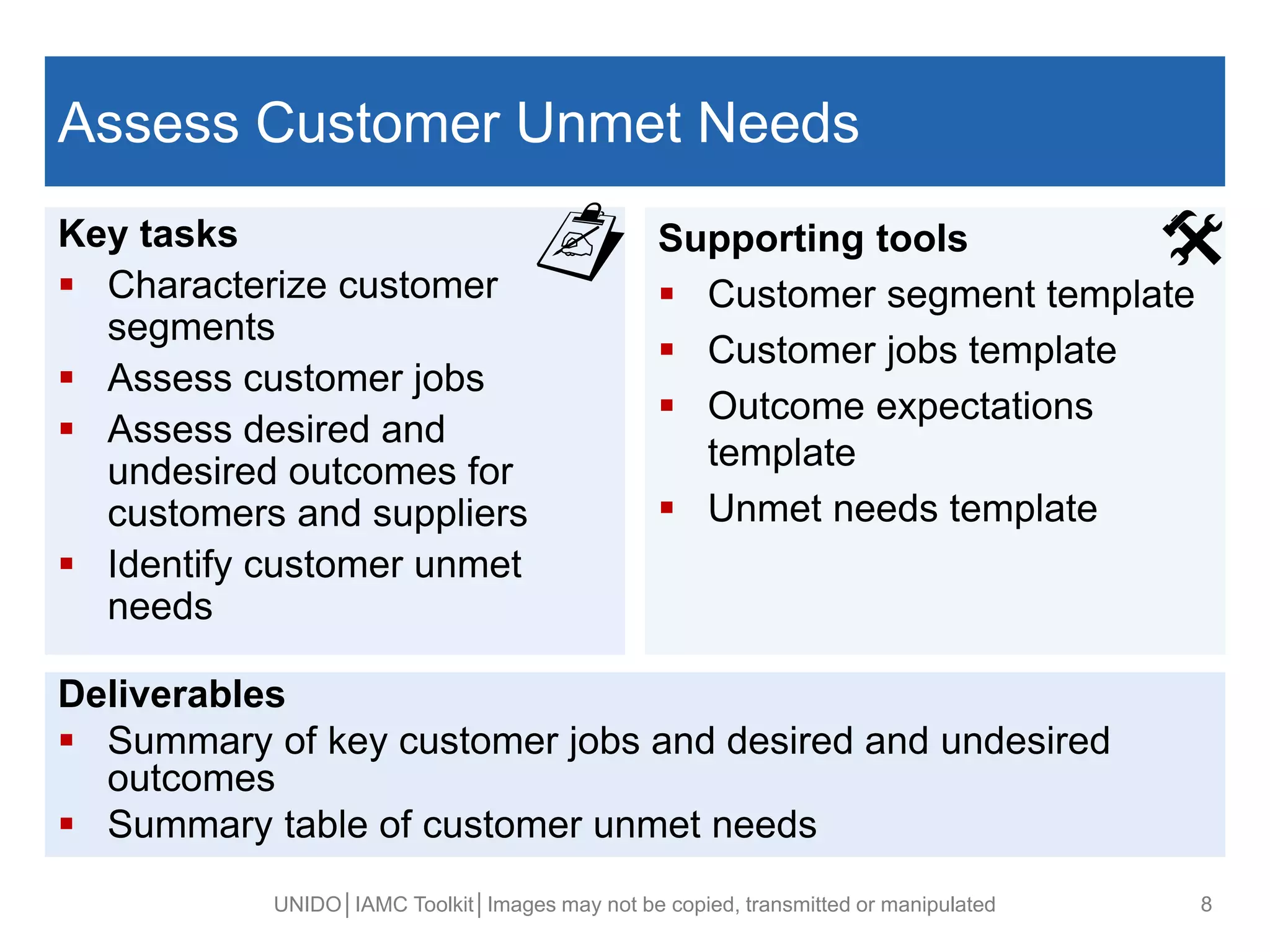 Assess Customer Unmet Needs
Key tasks
 Characterize customer
segments
 Assess customer jobs
 Assess desired and
undesired outcomes for
customers and suppliers
 Identify customer unmet
needs
UNIDO│IAMC Toolkit│Images may not be copied, transmitted or manipulated 8
Deliverables
 Summary of key customer jobs and desired and undesired
outcomes
 Summary table of customer unmet needs
Supporting tools
 Customer segment template
 Customer jobs template
 Outcome expectations
template
 Unmet needs template

 