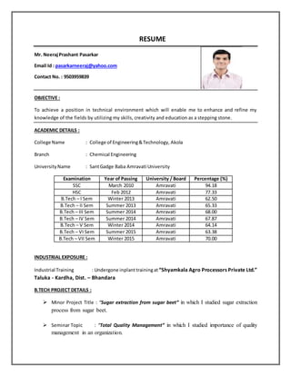 RESUME
Mr. NeerajPrashant Pasarkar
Email Id : pasarkarneeraj@yahoo.com
Contact No. : 9503959839
OBJECTIVE :
To achieve a position in technical environment which will enable me to enhance and refine my
knowledge of the fields by utilizing my skills, creativity and education as a stepping stone.
ACADEMIC DETAILS :
College Name : College of Engineering&Technology, Akola
Branch : Chemical Engineering
UniversityName : SantGadge Baba Amravati University
Examination Year of Passing University / Board Percentage (%)
SSC March 2010 Amravati 94.18
HSC Feb 2012 Amravati 77.33
B.Tech – I Sem Winter 2013 Amravati 62.50
B.Tech – II Sem Summer 2013 Amravati 65.33
B.Tech – III Sem Summer 2014 Amravati 68.00
B.Tech – IV Sem Summer 2014 Amravati 67.87
B.Tech – V Sem Winter 2014 Amravati 64.14
B.Tech – VI Sem Summer 2015 Amravati 63.38
B.Tech – VII Sem Winter 2015 Amravati 70.00
INDUSTRIAL EXPOSURE :
Industrial Training : Undergone inplanttrainingat“Shyamkala Agro Processors Private Ltd.”
Taluka - Kardha, Dist. – Bhandara
B.TECH PROJECT DETAILS :
 Minor Project Title : “Sugar extraction from sugar beet” in which I studied sugar extraction
process from sugar beet.
 Seminar Topic : “Total Quality Management” in which I studied importance of quality
management in an organization.
 
