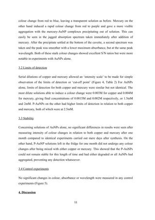 colour change from red to blue, leaving a transparent solution as before. Mercury on the
other hand induced a rapid colour change from red to purple and gave a more visible
aggregation with the mercury-AuNP complexes precipitating out of solution. This can
easily be seen in the jagged absorption spectrum taken immediately after addition of
mercury. After the precipitate settled at the bottom of the cuvette, a second spectrum was
taken and the peak was smoother with a lower maximum absorbance, but at the same peak
wavelength. Both of these stark colour changes showed excellent S/N ratios but were more
notable in experiments with AuNPs alone.
3.2 Limits of detection
Serial dilutions of copper and mercury allowed an ‘intensity scale’ to be made for simple
observation of the limits of detection or ‘cut-off point’ (Figure 4, Table 2) For AuNPs
alone, limits of detection for both copper and mercury were similar but not identical. The
most dilute solutions able to induce a colour change were 0.003M for copper and 0.004M
for mercury, giving final concentrations of 0.0015M and 0.002M respectively, or 1.5mM
and 2mM. P-AuNPs on the other had higher limits of detection in relation to both copper
and mercury, both of which were at 2.5mM.
3.3 Stability
Concerning solutions of AuNPs alone, no significant differences in results were seen after
measuring intensity of colour changes in relation to both copper and mercury after one
month compared to identical experiments carried out mere days after synthesis. On the
other hand, P-AuNP solutions left in the fridge for one month did not undergo any colour
changes after being mixed with either copper or mercury. This showed that the P-AuNPs
could not remain stable for this length of time and had either degraded or all AuNPs had
aggregated, preventing any detection whatsoever.
3.4 Control experiments
No significant changes in colour, absorbance or wavelength were measured in any control
experiments (Figure 5).
4. Discussion
11
 