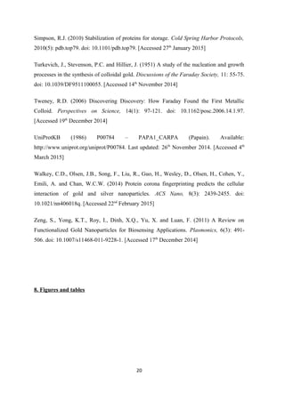 Simpson, R.J. (2010) Stabilization of proteins for storage. Cold Spring Harbor Protocols,
2010(5): pdb.top79. doi: 10.1101/pdb.top79. [Accessed 27th
January 2015]
Turkevich, J., Stevenson, P.C. and Hillier, J. (1951) A study of the nucleation and growth
processes in the synthesis of colloidal gold. Discussions of the Faraday Society, 11: 55-75.
doi: 10.1039/DF9511100055. [Accessed 14th
November 2014]
Tweney, R.D. (2006) Discovering Discovery: How Faraday Found the First Metallic
Colloid. Perspectives on Science, 14(1): 97-121. doi: 10.1162/posc.2006.14.1.97.
[Accessed 19th
December 2014]
UniProtKB (1986) P00784 – PAPA1_CARPA (Papain). Available:
http://www.uniprot.org/uniprot/P00784. Last updated: 26th
November 2014. [Accessed 4th
March 2015]
Walkey, C.D., Olsen, J.B., Song, F., Liu, R., Guo, H., Wesley, D., Olsen, H., Cohen, Y.,
Emili, A. and Chan, W.C.W. (2014) Protein corona fingerprinting predicts the cellular
interaction of gold and silver nanoparticles. ACS Nano, 8(3): 2439-2455. doi:
10.1021/nn406018q. [Accessed 22nd
February 2015]
Zeng, S., Yong, K.T., Roy, I., Dinh, X.Q., Yu, X. and Luan, F. (2011) A Review on
Functionalized Gold Nanoparticles for Biosensing Applications. Plasmonics, 6(3): 491-
506. doi: 10.1007/s11468-011-9228-1. [Accessed 17th
December 2014]
8. Figures and tables
20
 