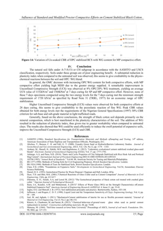 Influence of Standard and Modified Proctor Compactive Efforts on Cement Stabilized Black Cotton..
DOI: 10.9790/1684-1303070716 www.iosrjournals.org 15 | Page
Figure 14: Variation of Un-soaked CBR of OPC stabilized BCS with WG content for MP compactive effort.
IV. Conclusion
The natural soil falls under A-7-5(13) or CH subgroup in accordance with the AASHTO and USCS
classification, respectively. Soils under these groups are of poor engineering benefit. A substantial reduction in
plasticity index when compared to the untreated soil was observed, this seems to give creditability to the physio-
chemical reactions between the soil and OPC /WG blend.
In general, the OMC decrease with increasing OPC/WG content for both compactive efforts, with MP
compactive effort yielding high MDD due to the greater energy supplied. A remarkable improvement in
Unconfined Compressive Strength (UCS) was observed at 8% OPC/20% WG treatment, yielding an average
UCS value of 1152kN/m2
and 1568kNm2
at 7 days curing for SP and MP compactive effort. However, none of
these 7 days specimens compacted using the two energy levels for the 7 days curing met the minimum strength
requirement of 1720 kN/m2
as specified by Road Note 31 (TRRL, 1977) for an economic range of OPC
stabilization.
Higher Unconfined Compressive Strength (UCS) values were observed for both compactive efforts at
28 days curing, this seems to give creditability to the pozzolanic reaction of fine WG. Peak CBR values
obtained for both energy levels met the requirements of the Nigerian General Specifications (1997) 30% CBR
criterion for sub-base and sub-grade material in light trafficked roads.
Generally, based on the above conclusions, the strength of black cotton soil depends primarily on the
mineral composition, which is best manifested in the plasticity characteristics of the soil. The addition of WG
resulted in the reduction of plasticity index, thus given rise to greater workability when compared to untreated
clays. The results also showed that WG could be used efficiently to reduce the swell potential of expansive soils,
improve the Unconfined Compressive Strength (UCS) and CBR.
References
[1]. AASHTO (1986), Standard Specifications for Transportation Materials and Methods ofSampling and Testing, 14th
edition,
American Association of State Highway and Transportation Officials, Washington, D.C.
[2]. Abichou, T., Benson, C. H. and Edil, G. T. (2000). Foundry Green Sand as HydraulicBarriers Laboratory Studies. Journal of
Geotechnical and Geo-environmental Engineering, ASCE, Vol. 126, No.12, pp. 1174 – 1183.
[3]. Arabani, M., Sharafi, H., Habibi, M.H. and Haghshenas, E. (2012). “Laboratory evaluationof cement stabilized crushed glass-sand
blends”. Electronic Journal of Geotechnical Engineering (EJGE), Vol. 17, pp. 1777-1792.
[4]. Ashango, A.A. and Patra, N.R. (2014), “Static and Cyclic Properties of Clay Subgrade Stabilized with Rice Husk Ash and Portland
Slag Cement”, International Journal of Pavement Engineering,DOI:10.1080/10298436.2014.893323
[5]. ASTM (1992), “Annual Book of Standards.” Vol.04. 08, American Society for Testing and Materials,Philadelphia.
[6]. BS 1377 (1990). Methods of Testing Soils for Civil Engineering Purposes. British Standard Specification. London.
[7]. BS 1924 (1990). Methods of Tests for Stabilized Soils. British Standard Specification. London.
[8]. Chen, F.H. (1988). "Foundations on Expansive Soils." Developments in Geotechnical Engineering. Vol.54, Amsterdam: Elsevier
Science Publishing.
[9]. Daniel, D. E. (1993). Geotechnical Practice for Waste Disposal. Chapman and Hall, London, 683p.
[10]. Dyer, T.D. and Dhir, R.K. (2001).”Chemical Reactions of Glass Cullet used as Cement Component” Journal of Materials in Civil
Engineering, 13(6), pp. 412-417.
[11]. Eberemu, A. O., Amadi, A.A, and Lawal M, (2012) “The Geotechnical properties of black cotton soil treated with crushed glass
cullet.” Nigerian Journal of Technological Research
[12]. Ikara, I.A., Kundiri, A.M. and Mohammed, A (2015)” Effects of Waste Glass (WG) on the Strength Characteristics ofCement
Stabilized Expansive Soil” American Journal of Engineering Research (AJER)Vol. 4, Issue-11, pp. 33-41
[13]. Ingles, O.G. and Metcalf, J. B. (1972). Soil stabilization principles and practice. Burtterworths, Sydney, 103-144.
[14]. Jefferson, I. and Rogers, C. D. F. (1998). Liquid Limit and the Temperature Sensitivity of Clays. Engineering Geology, Vol. 4, pp.
95 – 109.
[15]. Joel, M. and Agbede, I. (2011) “Mechanical-Cement stabilization of laterite for use as flexible pavement material, “Journal of
Material in Civil Engineering, Vol.23, No.2, pp.146-152.
[16]. Khmiri, A., Chaabouni, M. and Samet, B., (2013).” Chemical behaviour of ground waste glass when used as partial cement
replacement in mortars”. Construction andbuilding materials, 44, pp. 74-80.
[17]. Mateous, M. (1964). “Soil-lime research at Iowa State University” Proceedings of ASCE, Journal of soil mech. Foundation. Div.
90, SM2, pp. 127-153.
 