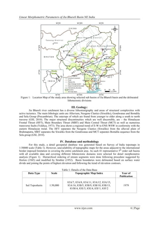 Linear Morphometric Parameters of Jia Bhareli Basin NE India




 Figure 1: Location Map of the study area showing selected sub basins of Jia Bhareli basin and the delineated
                                           lithotectonic divisions

                                                III. Geology:
          Jia Bhareli river catchment has a diverse lithostratigraphy and areas of structural complexities with
active tectonics. The main lithologic units are Alluvium, Neogene Clastics (Siwaliks), Gondwanas and Bomdila
and Sela Group (Precambrian). The outcrops of which are found from younger to older along a south to north
traverse (GSI, 2010). The major structural discontinuities which are well discernible, are – the Himalayan
Frontal Thrust (HFT), Main Boundary Thrust (MBT) and Main Central Thrust (MCT) as well as numerous
transverse faults (Valdiya, 1973). The area shows a regional trend of E-W to ENE-WSW in conformity with the
eastern Himalayan trend. The HFT separates the Neogene Clastics (Siwaliks) from the alluvial plain of
Brahmaputra, MBT separates the Siwaliks from the Gondwanas and MCT separates Bomdila sequence from the
Sela group (GSI, 2010).

                                       IV. Database and methodology
         For this study, a detail geospatial database was generated based on Survey of India topomaps in
1:50000 scale (Table 1). However, unavailability of topographic maps for the areas adjacent to the international
border imposed limitation in covering the entire catchment area. As such 41 representative 5th order sub basins
with all available data and covering different lithotectonic domains were selected for detail morphometric
analysis (Figure 1). Hierarchical ordering of stream segments were done following procedure suggested by
Horton (1945) and modified by Strahler (1952). Basin boundaries were delineated based on surface water
divide and joining the points of highest elevation and following the trend of elevation contours.

                                        Table 1: Details of the Data Base
        Data Type            Scale                  Topographic Map Index                     Year of
                                                                                             Publication

                                            83A/7, 83A/8, 83A/11, 83A/12, 83A/15,
      SoI Toposheets        1:50,000        83A/16, 83B/5, 83B/9, 83B/10, 83B/13,               1979
                                              83/B14, 83E/3, 83E/4, 83F/1, 83F/2




                                                   www.irjes.com                                       6 | Page
 