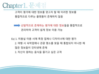 고객이 평가에 대한 정보를 얻고자 할 때 이러한 정보를
통합적으로 다루는 플랫폼이 존재하지 않음
산발적으로 존재하는 평가에 대한 정보들을 통합적으로
관리하여 고객이 쉽게 정보 이용 가능
Ex) 1. 미용실 이용 시에 특정 업체나 디자이너에 대한 평가
2. 여행 시 숙박업체나 관광 명소를 찾을 때 통합되지 아니한 체
많은 정보들이 인터넷에 존재
3. 자신이 원하는 음식을 즐기고 싶은 고객
 