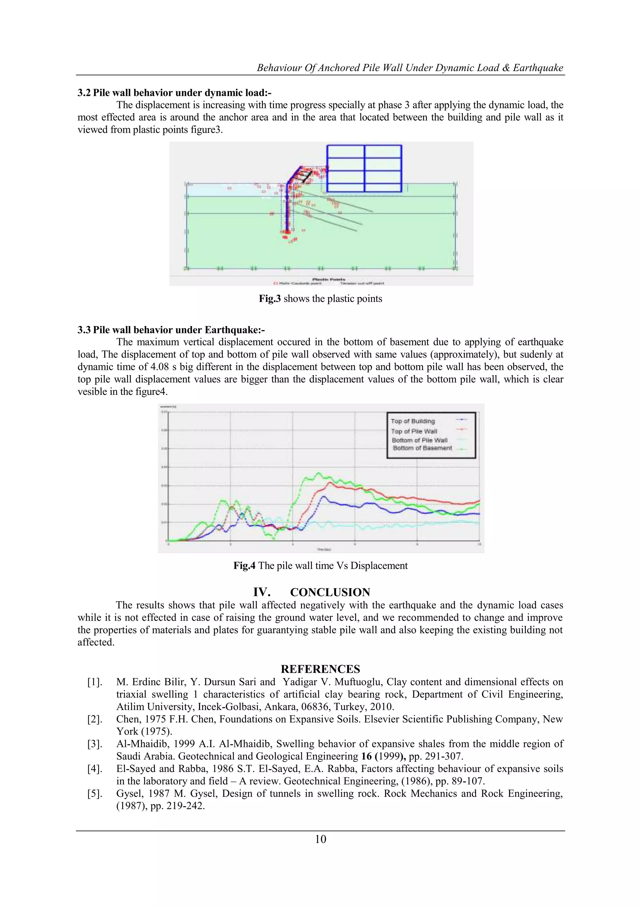 Behaviour Of Anchored Pile Wall Under Dynamic Load & Earthquake
10
3.2 Pile wall behavior under dynamic load:-
The displacement is increasing with time progress specially at phase 3 after applying the dynamic load, the
most effected area is around the anchor area and in the area that located between the building and pile wall as it
viewed from plastic points figure3.
Fig.3 shows the plastic points
3.3 Pile wall behavior under Earthquake:-
The maximum vertical displacement occured in the bottom of basement due to applying of earthquake
load, The displacement of top and bottom of pile wall observed with same values (approximately), but sudenly at
dynamic time of 4.08 s big different in the displacement between top and bottom pile wall has been observed, the
top pile wall displacement values are bigger than the displacement values of the bottom pile wall, which is clear
vesible in the figure4.
Fig.4 The pile wall time Vs Displacement
IV. CONCLUSION
The results shows that pile wall affected negatively with the earthquake and the dynamic load cases
while it is not effected in case of raising the ground water level, and we recommended to change and improve
the properties of materials and plates for guarantying stable pile wall and also keeping the existing building not
affected.
REFERENCES
[1]. M. Erdinc Bilir, Y. Dursun Sari and Yadigar V. Muftuoglu, Clay content and dimensional effects on
triaxial swelling 1 characteristics of artificial clay bearing rock, Department of Civil Engineering,
Atilim University, Incek-Golbasi, Ankara, 06836, Turkey, 2010.
[2]. Chen, 1975 F.H. Chen, Foundations on Expansive Soils. Elsevier Scientific Publishing Company, New
York (1975).
[3]. Al-Mhaidib, 1999 A.I. Al-Mhaidib, Swelling behavior of expansive shales from the middle region of
Saudi Arabia. Geotechnical and Geological Engineering 16 (1999), pp. 291-307.
[4]. El-Sayed and Rabba, 1986 S.T. El-Sayed, E.A. Rabba, Factors affecting behaviour of expansive soils
in the laboratory and field – A review. Geotechnical Engineering, (1986), pp. 89-107.
[5]. Gysel, 1987 M. Gysel, Design of tunnels in swelling rock. Rock Mechanics and Rock Engineering,
(1987), pp. 219-242.
 