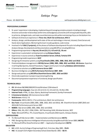 Sathiya Priya
Phone: 65-86207434 sathiyapriyanece84@gmail.com
PROFESSIONALSUMMARY
 9+ years’ experience indeveloping,implementingandmanagingcomplex projectsincludingstrategic
directionandvendorrelationshipswithintime andbudgetaryconstraintswithstrongleadershipskills,able
to pritorize,delegate tasks,andmake sounddecisionsquicklywhile maintainingafocuson the bottomline
 Software Architecture experience in Three-tier,Multi-tierarchitecture,MVC5
 Analysis,design,anddevelopmentwithstate-of-the-art-technologyinInternet,Intranet,ClientServerand
Stand-alone Applications.Mentoringthe teamincudesguidance,code review
 Involvedinfull SDLC(7 projects),all the phasesof Software developmentlifecycle includingObjectOriented
AnalysisDesign,DevelopmentandDocumentationusing MSOffice includingMSVisio
 Programmingexperience in Asp.net,C#.net(2.0, 3.5, 4.0 and 4.5), Vb.net
 Experience inautomated.netdeploymentusing OctopusDeploy
 Experience insource controlsas TeamFoundation Server,Github,Tortoise SVN
 Programmingmodel experiencein WCF
 Designingof enterprise systemsusing Visual Studio(2003, 2005, 2008, 2010, 2012 and 2013)
 Practiceddatabase managementin MSSQL Server (2000, 2005, 2008, 2012 and 2014), MS Access. Expertise
inwritingSQL Queries,StoredProcedures,Triggersand Cursors includingDatabase administration.
 E-Commerce solutionusing MSCommerce Server2007
 BusinessIntelligence using MSPerformance PointServer2007, BIDS
 Designwebportalsusing MSOffice SharePointServer2007, 2010 and 2013
 Clientside experience inprojectrequirementgathering
 Documentpreparationexperience infunctional,designspecification
TECHNICALSKILLS
 OS: Windows98/2000/2003/XP/Vista/Windows7/Windows8
 Programming Languages: Asp.net,C#.net(2.0,3.5, 4.0 and 4.5), Vb.Net,XML
 InternetTools: HTML, JS,Ajax,JQuery,Bootstrapframework,GumbyFramework
 E-Commerce Solution:MS Commerce Server2007
 WebServers:IIS 6.0, 7.0
 Frameworks: MVC4, MVC5, 3 Tierarchitecture,Multi-tierarchitecture
 Dev Tools: Visual Studio(2003,2005, 2008, 2010, 2012 and 2013), MS SharePointServer(2007,2010 and
2013),MS Performance pointServer2007
 RDBMS: SQL Server(2000, 2005, 2008, 2012 and 2014)
 Others: XML, XSL,XSLT, COM, COM+, .NET Remoting,AJAX,Window Services,WCF
 Tools: MicrosoftOffice,TFS,Crystal Reports,VisualStudio2010 reports,OctopusDeploy
CERTIFICATIONS
 TS: MicrosoftSQL Server2005 – ImplementationandMaintenance (MCTS)
 PRO: DesigningaBusinessIntelligence InfrastructurebyUsingMicrosoftSQL Server2005 (MCITP)
 TS: MicrosoftOffice SharePointServer2007 ― ApplicationDevelopment(MCTS)
EDUCATION
 B.E inECE, Kurinji College of Engineering&Tech.Firstclass,May 2005 –74.6%
 HSC St.Joseph’sGirlsHigherSecondarySchool (State Board)-2001 – 82.5%
 