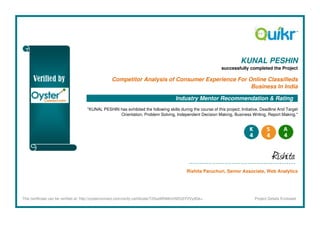 KUNAL PESHIN
successfully completed the Project
Competitor Analysis of Consumer Experience For Online Classifieds
Business In India
Industry Mentor Recommendation & Rating
"KUNAL PESHIN has exhibited the following skills during the course of this project: Initiative, Deadline And Target
Orientation, Problem Solving, Independent Decision Making, Business Writing, Report Making."
Rishita
Rishita Paruchuri, Senior Associate, Web Analytics
This certificate can be verified at: http://oysterconnect.com/verify-certificate/T25saW5lMzIzNDU5Y2VydGk= Project Details Enclosed
 
