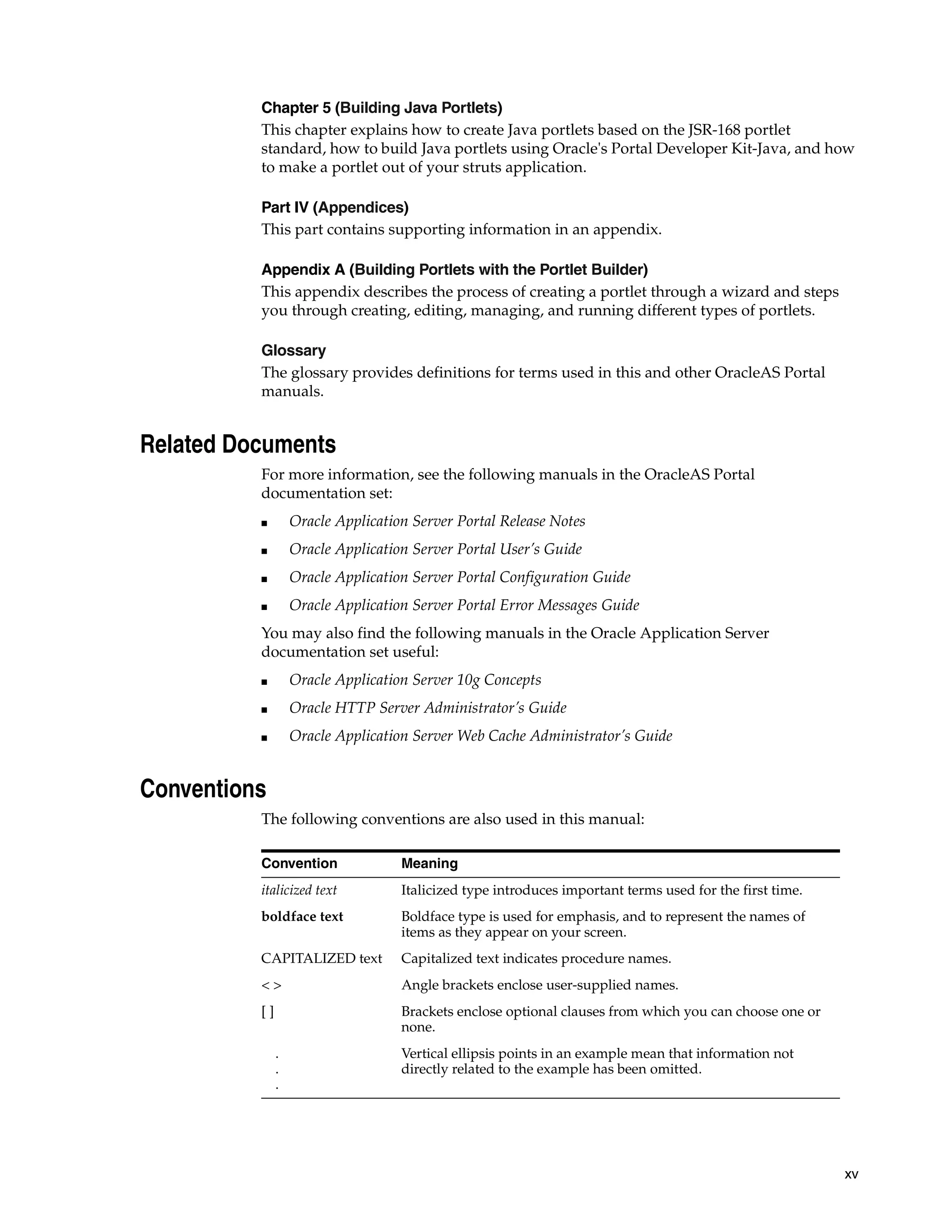 Chapter 5 (Building Java Portlets)
          This chapter explains how to create Java portlets based on the JSR-168 portlet
          standard, how to build Java portlets using Oracle's Portal Developer Kit-Java, and how
          to make a portlet out of your struts application.

          Part IV (Appendices)
          This part contains supporting information in an appendix.

          Appendix A (Building Portlets with the Portlet Builder)
          This appendix describes the process of creating a portlet through a wizard and steps
          you through creating, editing, managing, and running different types of portlets.

          Glossary
          The glossary provides definitions for terms used in this and other OracleAS Portal
          manuals.


Related Documents
          For more information, see the following manuals in the OracleAS Portal
          documentation set:
          ■        Oracle Application Server Portal Release Notes
          ■        Oracle Application Server Portal User’s Guide
          ■        Oracle Application Server Portal Configuration Guide
          ■        Oracle Application Server Portal Error Messages Guide
          You may also find the following manuals in the Oracle Application Server
          documentation set useful:
          ■        Oracle Application Server 10g Concepts
          ■        Oracle HTTP Server Administrator’s Guide
          ■        Oracle Application Server Web Cache Administrator’s Guide


Conventions
          The following conventions are also used in this manual:

          Convention                Meaning
          italicized text           Italicized type introduces important terms used for the first time.
          boldface text             Boldface type is used for emphasis, and to represent the names of
                                    items as they appear on your screen.
          CAPITALIZED text          Capitalized text indicates procedure names.
          <>                        Angle brackets enclose user-supplied names.
          []                        Brackets enclose optional clauses from which you can choose one or
                                    none.
               .                    Vertical ellipsis points in an example mean that information not
               .                    directly related to the example has been omitted.
               .




                                                                                                          xv
 