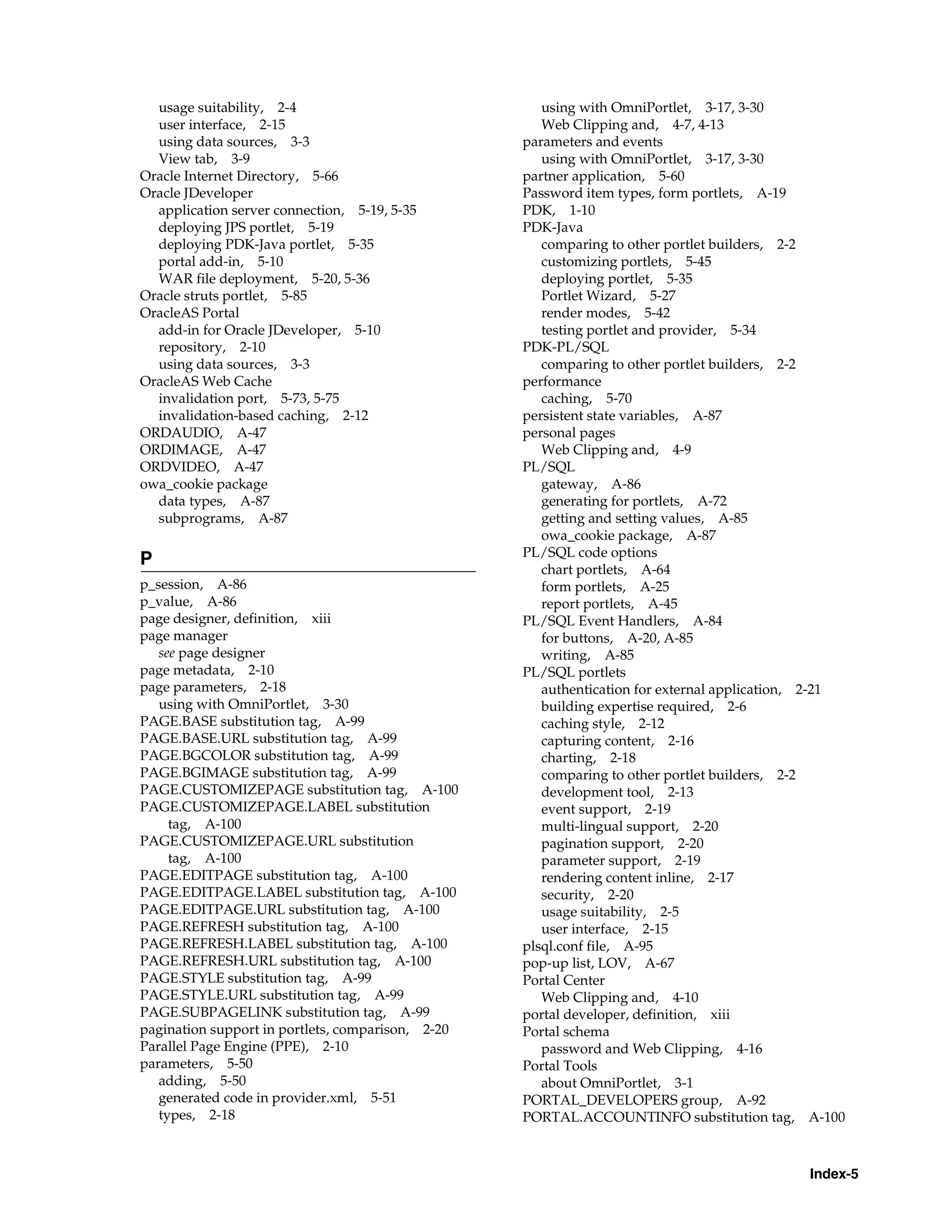 usage suitability, 2-4                              using with OmniPortlet, 3-17, 3-30
  user interface, 2-15                                Web Clipping and, 4-7, 4-13
  using data sources, 3-3                          parameters and events
  View tab, 3-9                                       using with OmniPortlet, 3-17, 3-30
Oracle Internet Directory, 5-66                    partner application, 5-60
Oracle JDeveloper                                  Password item types, form portlets, A-19
  application server connection, 5-19, 5-35        PDK, 1-10
  deploying JPS portlet, 5-19                      PDK-Java
  deploying PDK-Java portlet, 5-35                    comparing to other portlet builders, 2-2
  portal add-in, 5-10                                 customizing portlets, 5-45
  WAR file deployment, 5-20, 5-36                     deploying portlet, 5-35
Oracle struts portlet, 5-85                           Portlet Wizard, 5-27
OracleAS Portal                                       render modes, 5-42
  add-in for Oracle JDeveloper, 5-10                  testing portlet and provider, 5-34
  repository, 2-10                                 PDK-PL/SQL
  using data sources, 3-3                             comparing to other portlet builders, 2-2
OracleAS Web Cache                                 performance
  invalidation port, 5-73, 5-75                       caching, 5-70
  invalidation-based caching, 2-12                 persistent state variables, A-87
ORDAUDIO, A-47                                     personal pages
ORDIMAGE, A-47                                        Web Clipping and, 4-9
ORDVIDEO, A-47                                     PL/SQL
owa_cookie package                                    gateway, A-86
  data types, A-87                                    generating for portlets, A-72
  subprograms, A-87                                   getting and setting values, A-85
                                                      owa_cookie package, A-87
                                                   PL/SQL code options
P
                                                      chart portlets, A-64
p_session, A-86                                       form portlets, A-25
p_value, A-86                                         report portlets, A-45
page designer, definition, xiii                    PL/SQL Event Handlers, A-84
page manager                                          for buttons, A-20, A-85
   see page designer                                  writing, A-85
page metadata, 2-10                                PL/SQL portlets
page parameters, 2-18                                 authentication for external application, 2-21
   using with OmniPortlet, 3-30                       building expertise required, 2-6
PAGE.BASE substitution tag, A-99                      caching style, 2-12
PAGE.BASE.URL substitution tag, A-99                  capturing content, 2-16
PAGE.BGCOLOR substitution tag, A-99                   charting, 2-18
PAGE.BGIMAGE substitution tag, A-99                   comparing to other portlet builders, 2-2
PAGE.CUSTOMIZEPAGE substitution tag, A-100            development tool, 2-13
PAGE.CUSTOMIZEPAGE.LABEL substitution                 event support, 2-19
     tag, A-100                                       multi-lingual support, 2-20
PAGE.CUSTOMIZEPAGE.URL substitution                   pagination support, 2-20
     tag, A-100                                       parameter support, 2-19
PAGE.EDITPAGE substitution tag, A-100                 rendering content inline, 2-17
PAGE.EDITPAGE.LABEL substitution tag, A-100           security, 2-20
PAGE.EDITPAGE.URL substitution tag, A-100             usage suitability, 2-5
PAGE.REFRESH substitution tag, A-100                  user interface, 2-15
PAGE.REFRESH.LABEL substitution tag, A-100         plsql.conf file, A-95
PAGE.REFRESH.URL substitution tag, A-100           pop-up list, LOV, A-67
PAGE.STYLE substitution tag, A-99                  Portal Center
PAGE.STYLE.URL substitution tag, A-99                 Web Clipping and, 4-10
PAGE.SUBPAGELINK substitution tag, A-99            portal developer, definition, xiii
pagination support in portlets, comparison, 2-20   Portal schema
Parallel Page Engine (PPE), 2-10                      password and Web Clipping, 4-16
parameters, 5-50                                   Portal Tools
   adding, 5-50                                       about OmniPortlet, 3-1
   generated code in provider.xml, 5-51            PORTAL_DEVELOPERS group, A-92
   types, 2-18                                     PORTAL.ACCOUNTINFO substitution tag, A-100



                                                                                             Index-5
 