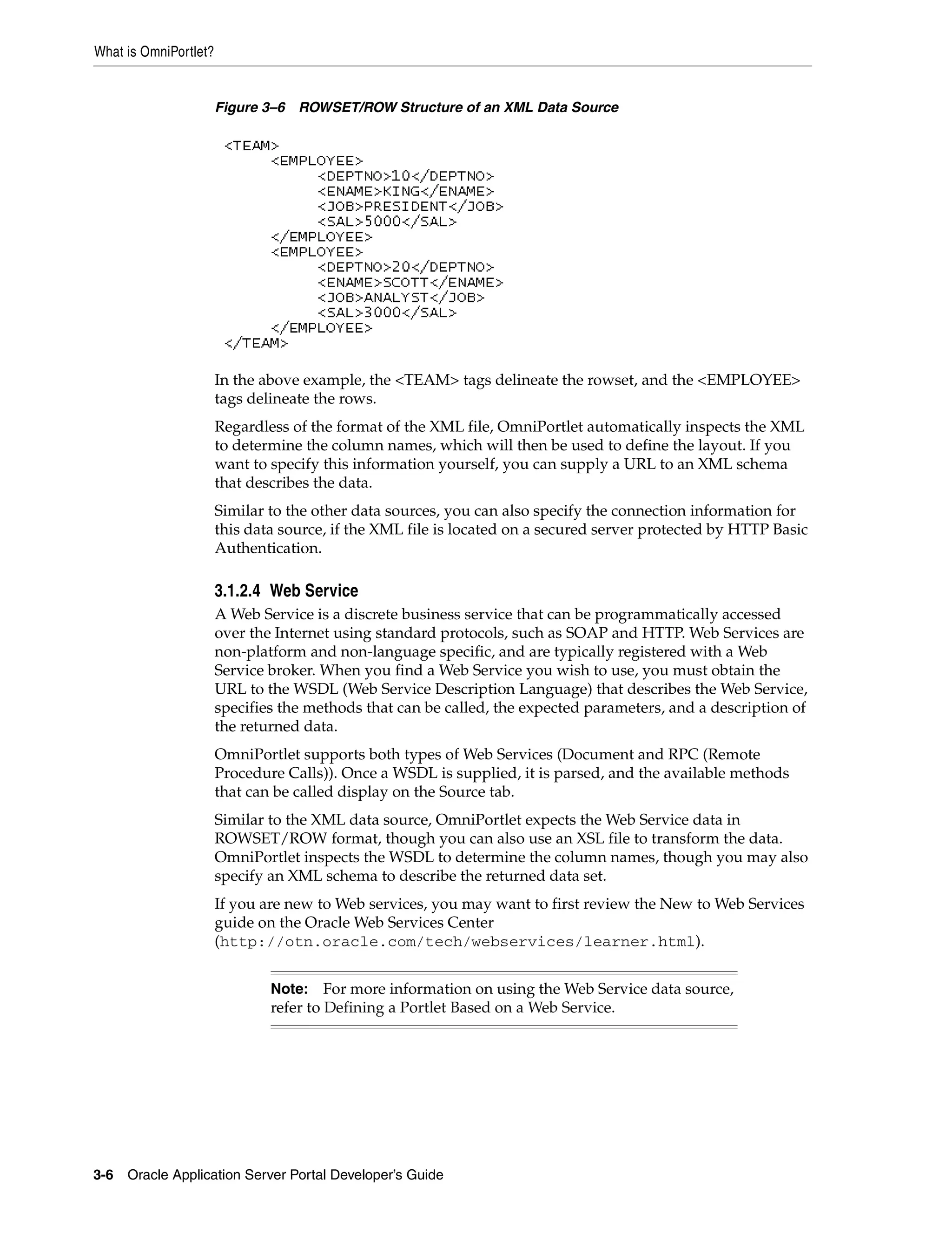 What is OmniPortlet?


                       Figure 3–6 ROWSET/ROW Structure of an XML Data Source




                       In the above example, the <TEAM> tags delineate the rowset, and the <EMPLOYEE>
                       tags delineate the rows.
                       Regardless of the format of the XML file, OmniPortlet automatically inspects the XML
                       to determine the column names, which will then be used to define the layout. If you
                       want to specify this information yourself, you can supply a URL to an XML schema
                       that describes the data.
                       Similar to the other data sources, you can also specify the connection information for
                       this data source, if the XML file is located on a secured server protected by HTTP Basic
                       Authentication.

                       3.1.2.4 Web Service
                       A Web Service is a discrete business service that can be programmatically accessed
                       over the Internet using standard protocols, such as SOAP and HTTP. Web Services are
                       non-platform and non-language specific, and are typically registered with a Web
                       Service broker. When you find a Web Service you wish to use, you must obtain the
                       URL to the WSDL (Web Service Description Language) that describes the Web Service,
                       specifies the methods that can be called, the expected parameters, and a description of
                       the returned data.
                       OmniPortlet supports both types of Web Services (Document and RPC (Remote
                       Procedure Calls)). Once a WSDL is supplied, it is parsed, and the available methods
                       that can be called display on the Source tab.
                       Similar to the XML data source, OmniPortlet expects the Web Service data in
                       ROWSET/ROW format, though you can also use an XSL file to transform the data.
                       OmniPortlet inspects the WSDL to determine the column names, though you may also
                       specify an XML schema to describe the returned data set.
                       If you are new to Web services, you may want to first review the New to Web Services
                       guide on the Oracle Web Services Center
                       (http://otn.oracle.com/tech/webservices/learner.html).


                               Note: For more information on using the Web Service data source,
                               refer to Defining a Portlet Based on a Web Service.




3-6   Oracle Application Server Portal Developer’s Guide
 