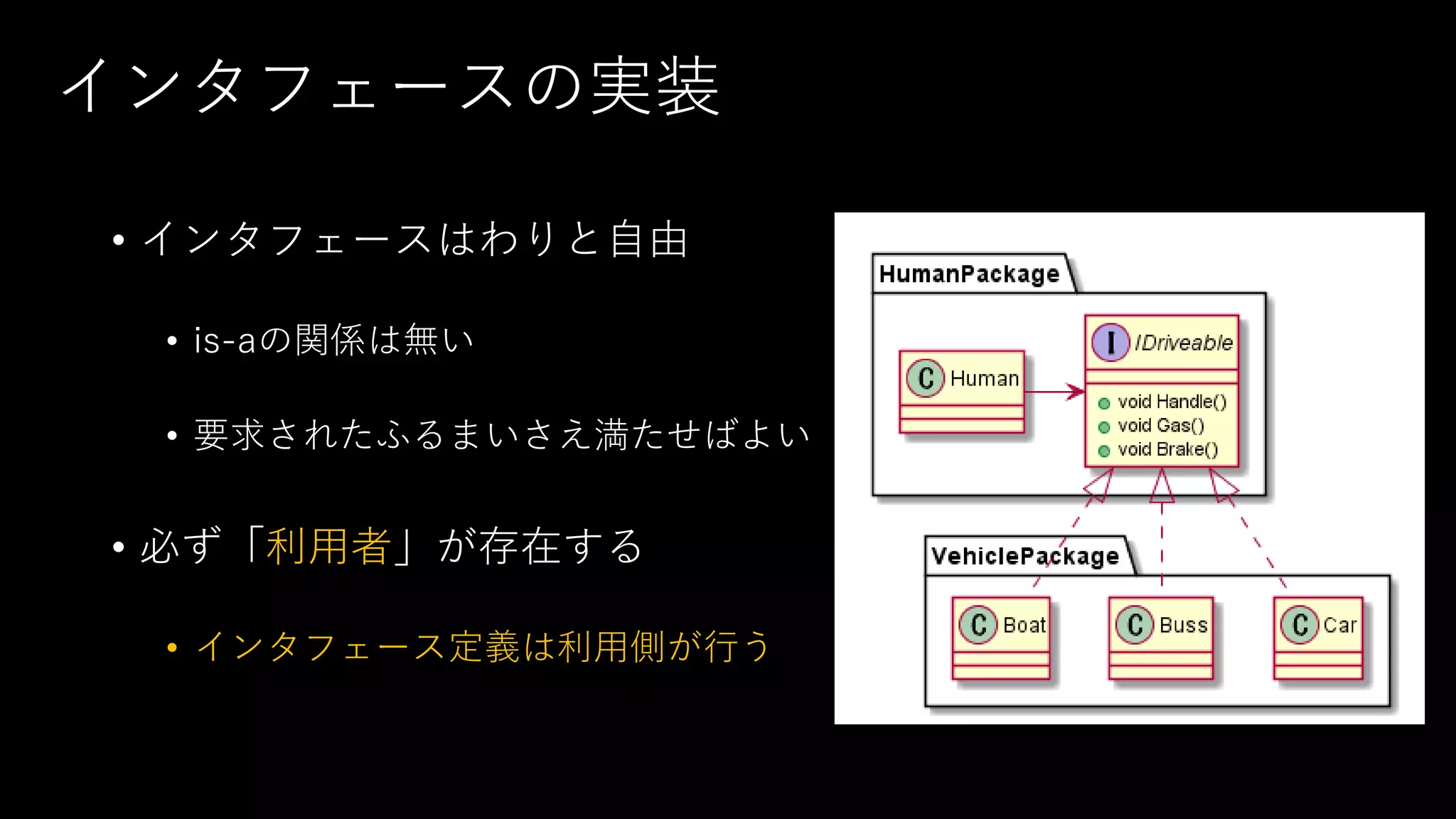 インタフェースの実装
• インタフェースはわりと自由
• is-aの関係は無い
• 要求されたふるまいさえ満たせばよい
• 必ず「利用者」が存在する
• インタフェース定義は利用側が行う
 