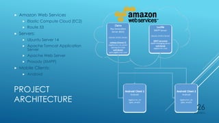 PROJECT
ARCHITECTURE
 Amazon Web Services
 Elastic Compute Cloud (EC2)
 Route 53
 Servers:
 Ubuntu Server 14
 Apache Tomcat Application
Server
 Apache Web Server
 Prosody (XMPP)
 Mobile Clients:
 Android
4/27/2015
26
 