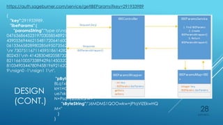 DESIGN
(CONT.)
{
"key":291933989,
"ibeParams":{
"paramsString":"type anq 3027378209922339717
047636864523197030585489211533016262964916585
439053694462154817206416003461993685371839546
061336658289802856950735628675952248692458219
nr 730751167114595186142829002853739519958614
802431nh 41428304820587324314159191919242350
821166100573389429614503202187996060553444928
81034903447809458196921620nexp1 138nexp2 15
9nsign0 -1nsign1 1n",
https://auth.sageburner.com/service/getIBEParams?key=291933989
"pByteString":"Nth04o664fvLZK+jxLVE5atrhWMJTMx9l
8Lq1xPBCS3LdK0rpbspAZxKQg9/yQMgy/68hA9dTnw
kH1HQdYYn8zMXySawO+PzY2cPtpLVlcyHOUg1cgH
ue7xkQZfmhkrHl2O8Nh1344enuUckQx2YW5ICHq7U
N+Psqny235ZR3rw=",
"sByteString":"J6MDMS1QOOwkw+jPtqVIZEkwHQ
M="
}
}
4/27/2015
28
 
