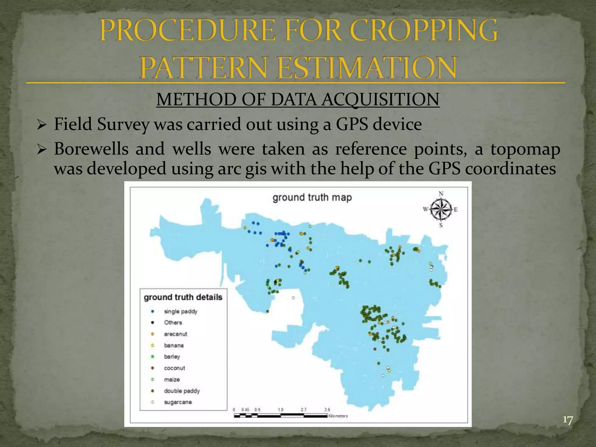 METHOD OF DATA ACQUISITION
 Field Survey was carried out using a GPS device
 Borewells and wells were taken as reference points, a topomap
was developed using arc gis with the help of the GPS coordinates
17
 