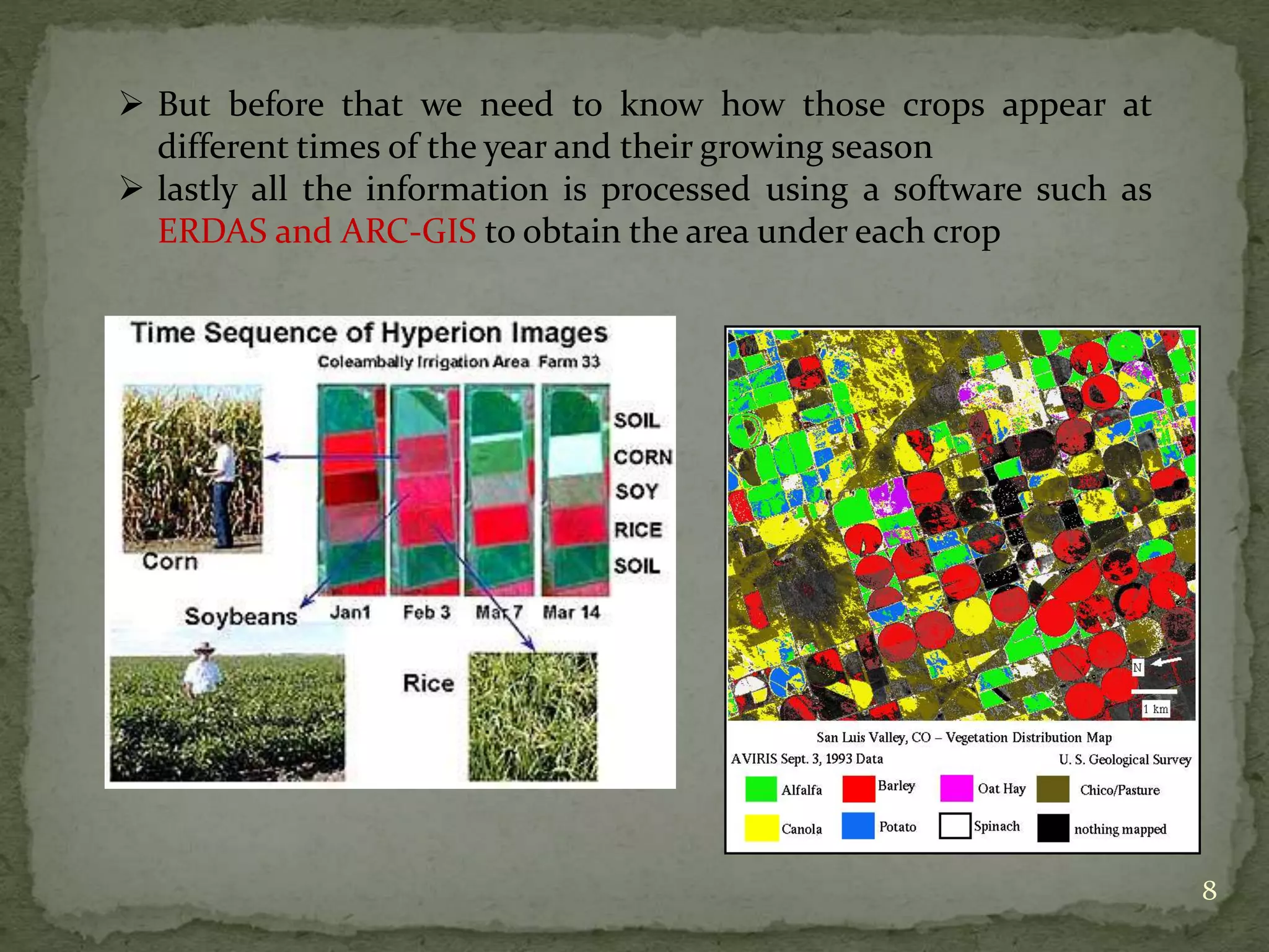  But before that we need to know how those crops appear at
different times of the year and their growing season
 lastly all the information is processed using a software such as
ERDAS and ARC-GIS to obtain the area under each crop
8
 