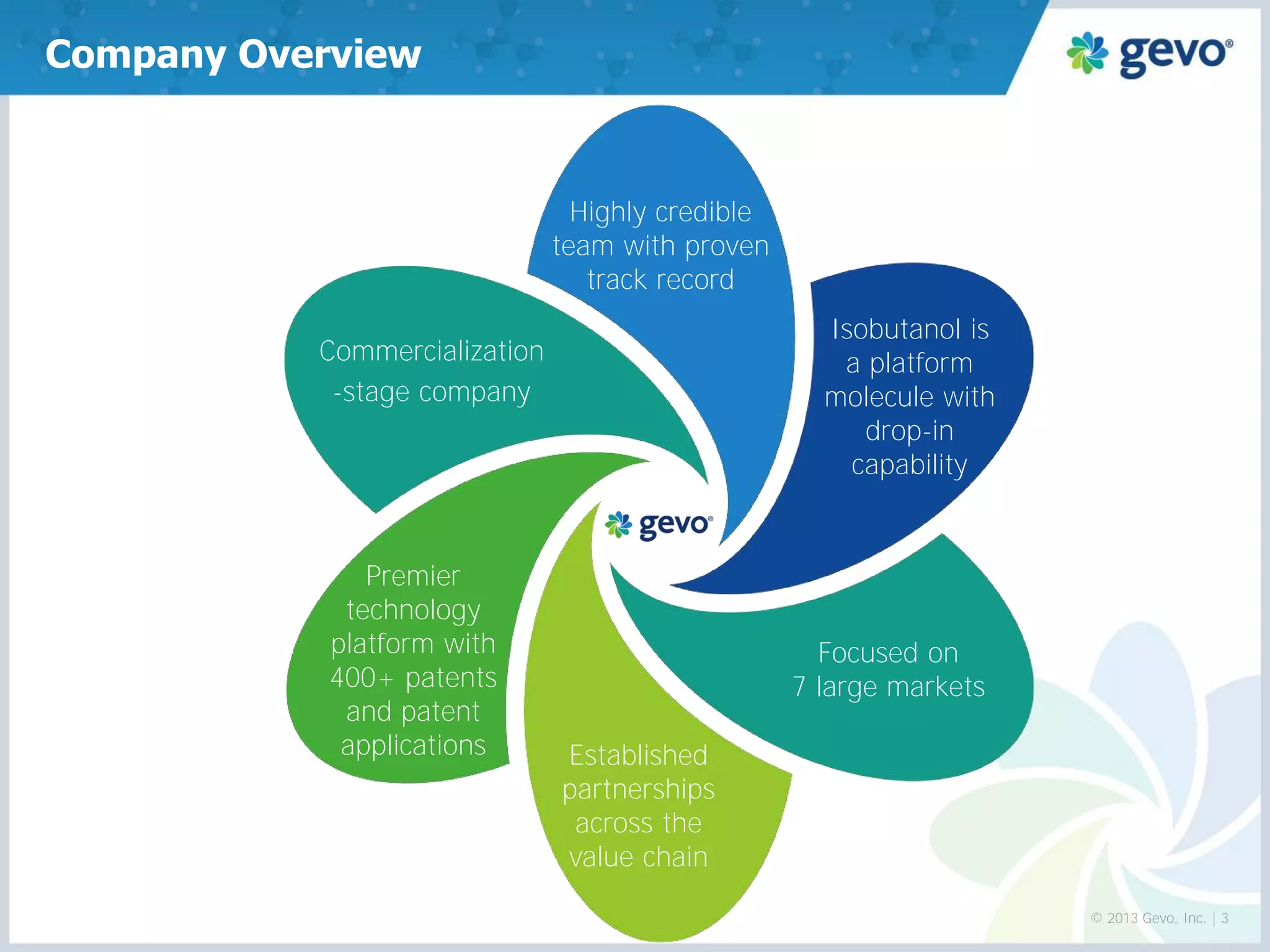 Company Overview 
Commercialization 
-stage company 
© 2013 Gevo, Inc. | 3 
Highly credible 
team with proven 
track record 
Isobutanol is a platform molecule with drop-in capability 
Premier technology platform with 
400+ patents 
and patent 
applications 
Established 
partnerships 
across the 
value chain 
Focused on 
7 large markets  