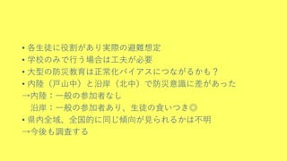 • 各生徒に役割があり実際の避難想定
• 学校のみで行う場合は工夫が必要
• 大型の防災教育は正常化バイアスにつながるかも？
• 内陸（戸山中）と沿岸（北中）で防災意識に差があった
→内陸：一般の参加者なし
沿岸：一般の参加者あり、生徒の食いつき◎
• 県内全域、全国的に同じ傾向が見られるかは不明
→今後も調査する
 