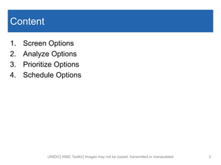 Content
UNIDO│IAMC Toolkit│Images may not be copied, transmitted or manipulated 2
1. Screen Options
2. Analyze Options
3. Prioritize Options
4. Schedule Options
 