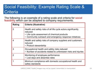 Social Feasibility: Example Rating Scale &
Criteria
The following is an example of a rating scale and criteria for social
feasibility which can be adapted to company requirements.
UNIDO│IAMC Toolkit│Images may not be copied, transmitted or manipulated 24
Rating Criteria (illustrative)
5 Health and safety risks of all life cycle actors significantly
reduced
• Life cycle assessment of chemical products
• Community outreach and emergency response initiatives
4 Health and safety risks of company suppliers and customers
reduced
• Product stewardship
3 Occupational health and safety risks reduced
• Number of accidents related to unforeseen risks and injuries
2 Monitoring of employee performance
• Lost days and absentee rates
1 Minimum compliance with domestic occupational health and
safety standards
 