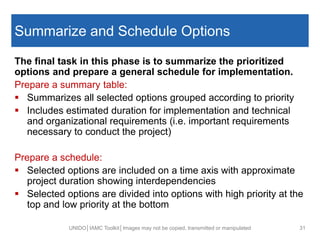 Summarize and Schedule Options
The final task in this phase is to summarize the prioritized
options and prepare a general schedule for implementation.
Prepare a summary table:
 Summarizes all selected options grouped according to priority
 Includes estimated duration for implementation and technical
and organizational requirements (i.e. important requirements
necessary to conduct the project)
Prepare a schedule:
 Selected options are included on a time axis with approximate
project duration showing interdependencies
 Selected options are divided into options with high priority at the
top and low priority at the bottom
UNIDO│IAMC Toolkit│Images may not be copied, transmitted or manipulated 31
 