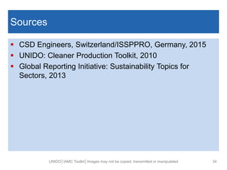 Fusce posuere, magna sed pulvinar ultricies,
purus lectus malesuada libero, sit amet magna
eros quis (ARIAL 32).
Sources
 CSD Engineers, Switzerland/ISSPPRO, Germany, 2015
 UNIDO: Cleaner Production Toolkit, 2010
 Global Reporting Initiative: Sustainability Topics for
Sectors, 2013
UNIDO│IAMC Toolkit│Images may not be copied, transmitted or manipulated 34
 