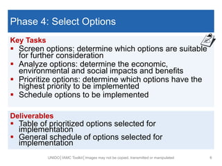 
Phase 4: Select Options
Key Tasks
 Screen options: determine which options are suitable
for further consideration
 Analyze options: determine the economic,
environmental and social impacts and benefits
 Prioritize options: determine which options have the
highest priority to be implemented
 Schedule options to be implemented
UNIDO│IAMC Toolkit│Images may not be copied, transmitted or manipulated 6
Deliverables
 Table of prioritized options selected for
implementation
 General schedule of options selected for
implementation
 