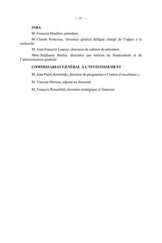 — 67 —

INRA
M. François Houllier, président
M. Claude Ronceray, directeur général délégué chargé de l’appui à la
recherche
M. Jean-François Launay, directeur du cabinet du président
Mme Stéphanie Brehin, directrice par intérim du financement et de
l’administration générale
COMMISSARIAT GÉNÉRAL À L’INVESTISSEMENT
M. Jean-Pierre Korolitski, directeur du programme « Centres d’excellence »,
M. Vincent Moreau, adjoint au directeur
M. François Rosenfeld, directeur stratégique et financier.

 
