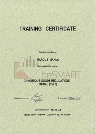GERTIFICATE
This is to certify that
DANGEROUS/GOODS REGULATIONS -
lNlTlAL (Cat.6)
..
Certificate number :
lA "be SMART''
 