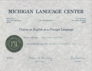 Miguel Lizio - diploma Michigan Language Center