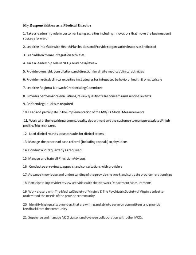 My Responsibilities as a Medical Director