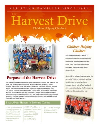  
Facts About Hunger in Broward County
The
Harvest DriveChildren Helping Children
Children Helping
Children
Educating	
  children	
  and	
  creating	
  a	
  
consciousness	
  about	
  the	
  needs	
  of	
  their	
  
community;	
  promoting	
  altruism	
  and	
  
giving	
  them	
  the	
  opportunity	
  to	
  help	
  
others	
  are	
  the	
  cornerstone	
  of	
  the	
  	
  
Harvest	
  Drive.	
  
	
  
Harvest	
  Drive	
  believes	
  in	
  encouraging	
  the	
  
concept	
  of	
  children	
  and	
  adults	
  working	
  
hand-­‐in-­‐hand	
  to	
  assist	
  families	
  in	
  
Broward	
  County	
  with	
  gifts	
  of	
  food	
  and	
  
other	
  necessities	
  during	
  the	
  Thanksgiving	
  
holidays	
  and	
  throughout	
  the	
  year.
Purpose of the Harvest Drive
The	
  Harvest	
  Drive	
  was	
  founded	
  in	
  order	
  to	
  teach	
  our	
  children	
  that	
  they	
  can	
  and	
  
must	
  give	
  back	
  to	
  their	
  community.	
  	
  Working	
  with	
  the	
  Broward	
  County	
  
Schools,	
  the	
  Harvest	
  Drive	
  now	
  assists	
  more	
  than	
  2000	
  food	
  insecure	
  families	
  
during	
  the	
  Thanksgiving	
  season	
  and	
  hundreds	
  more	
  throughout	
  the	
  year.	
  	
  	
  
Our	
  motto	
  “Children	
  Helping	
  Children”	
  comes	
  to	
  life	
  as	
  thousands	
  of	
  children	
  
working	
  directly	
  with	
  school	
  and	
  community	
  leaders,	
  business	
  partners	
  and	
  
philanthropic	
  organizations	
  collect,	
  sort,	
  bag,	
  pack	
  and	
  distribute	
  much	
  needed	
  
groceries,	
  clothing,	
  toys	
  and	
  household	
  items	
  to	
  families	
  referred	
  by	
  Broward	
  
County	
  School	
  social	
  workers.	
  
20.5%	
  of	
  children	
  in	
  
Broward	
  County	
  are	
  
food	
  insecure,	
  
meaning,	
  80,090	
  
children	
  go	
  
to	
  bed	
  hungry.	
  
A S S I S T I N G F A M I L I E S S I N C E 1 9 9 2
15.0%	
  of	
  the	
  Broward	
  
County	
  population	
  is	
  
food	
  insecure,	
  with	
  
266,920	
  people	
  not	
  
knowing	
  from	
  where	
  
they	
  will	
  get	
  their	
  
next	
  meal.
$3.12	
  is	
  the	
  average	
  
price	
  per	
  meal	
  in	
  
Broward	
  County.	
  
 