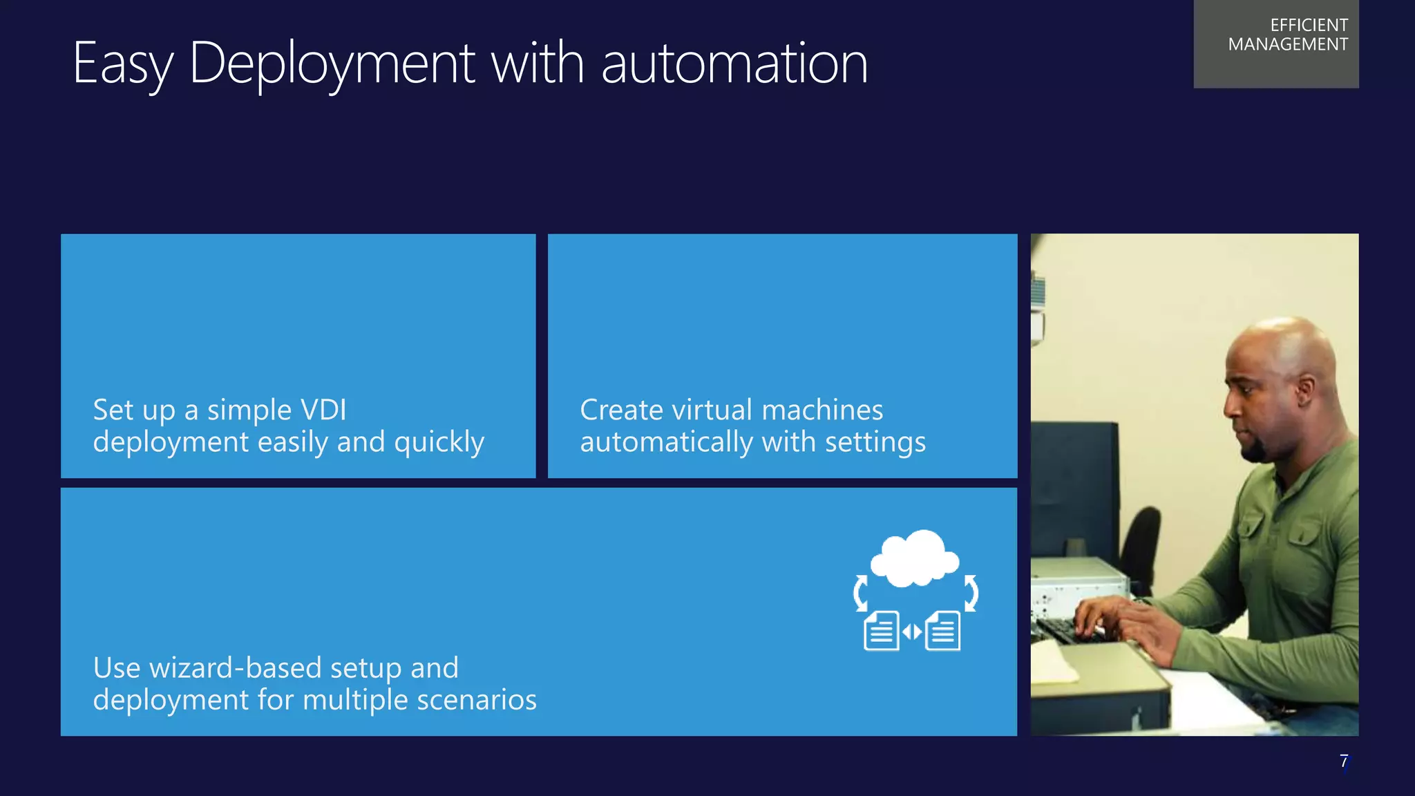 Title of
Presentation
• Speaker Name, Title
• Microsoft Corporation
Easy Deployment with automation
7
EFFICIENT
MANAGEMENT
Set up a simple VDI
deployment easily and quickly
Use wizard-based setup and
deployment for multiple scenarios
Create virtual machines
automatically with settings
7
 