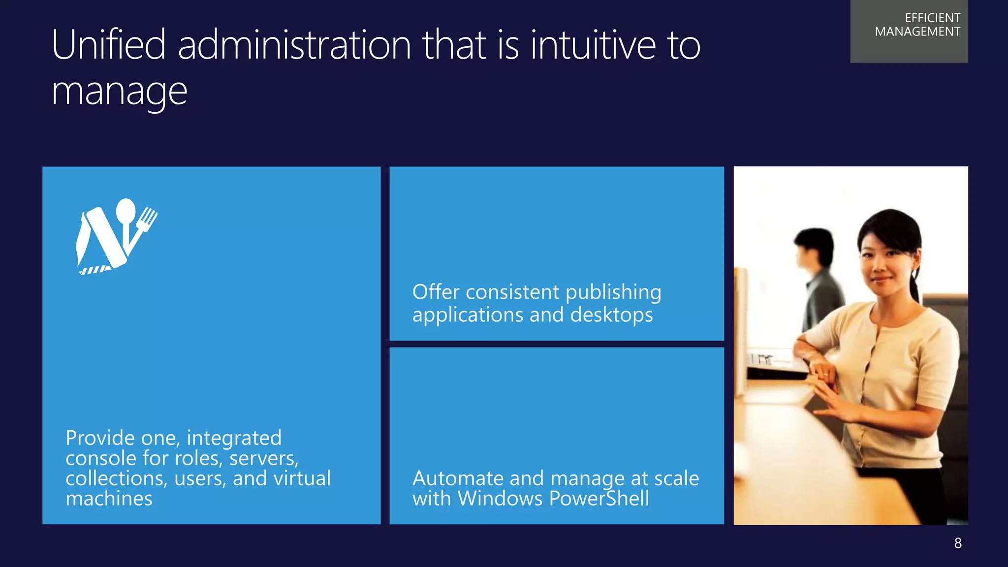 Title of
Presentation
• Speaker Name, Title
• Microsoft Corporation
Unified administration that is intuitive to
manage
EFFICIENT
MANAGEMENT
Provide one, integrated
console for roles, servers,
collections, users, and virtual
machines
Automate and manage at scale
with Windows PowerShell
Offer consistent publishing
applications and desktops
8
 