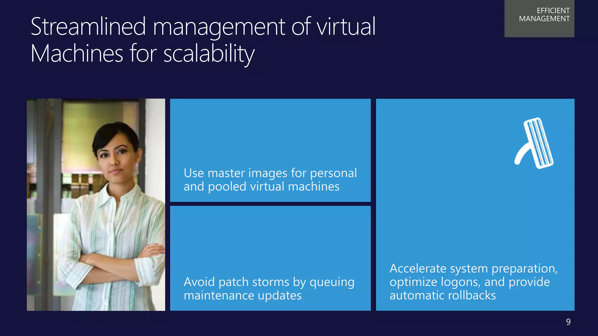 Title of
Presentation
• Speaker Name, Title
• Microsoft Corporation
Streamlined management of virtual
Machines for scalability
EFFICIENT
MANAGEMENT
9
Use master images for personal
and pooled virtual machines
Avoid patch storms by queuing
maintenance updates
Accelerate system preparation,
optimize logons, and provide
automatic rollbacks
 